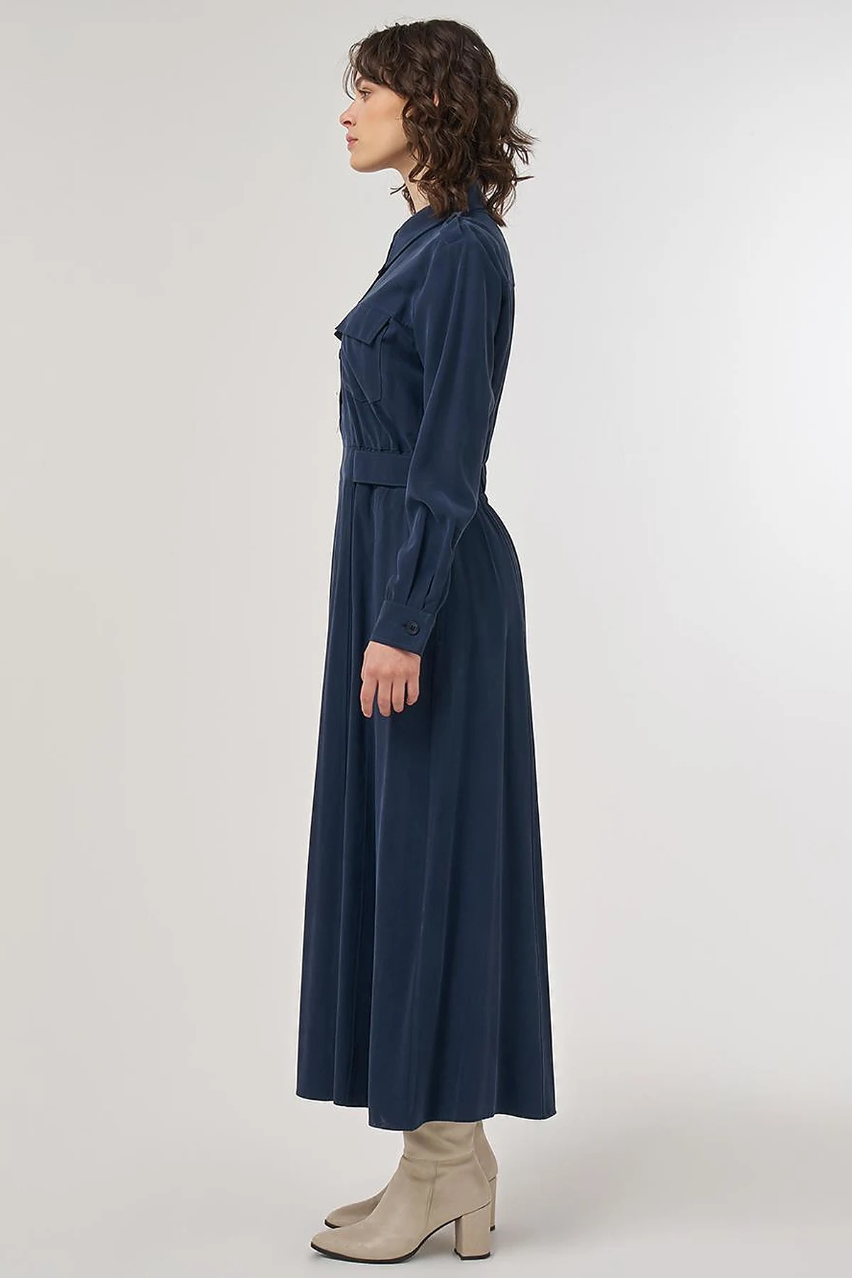 Pocket-Detail Rayon Dress – Dark Navy 