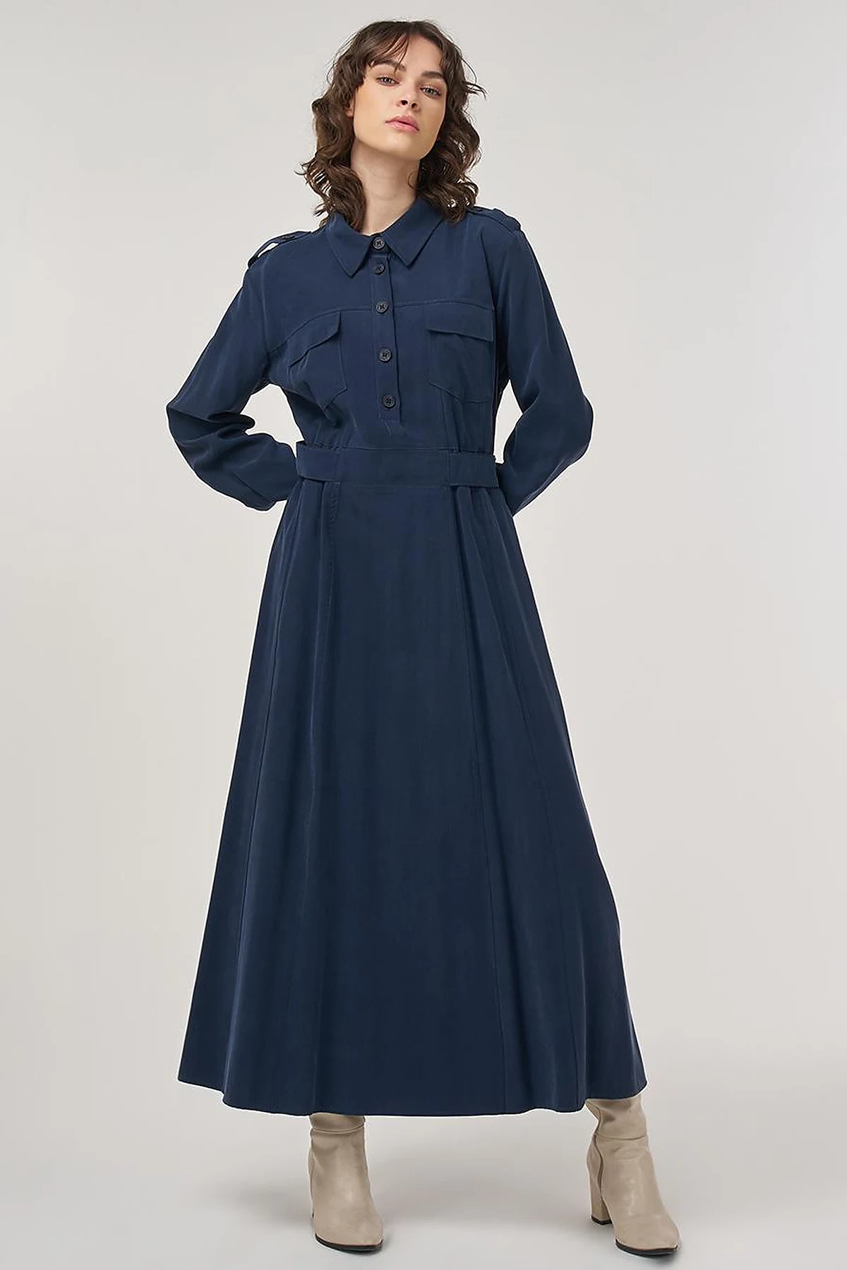 Pocket-Detail Rayon Dress – Dark Navy 