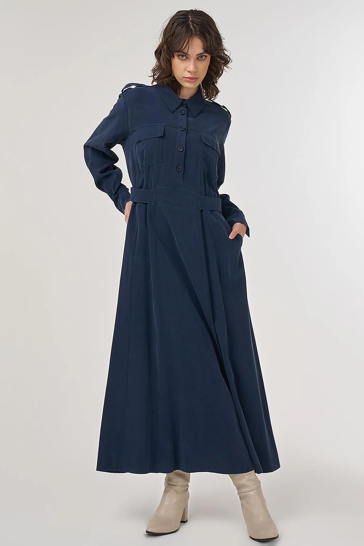 Pocket-Detail Rayon Dress – Dark Navy 