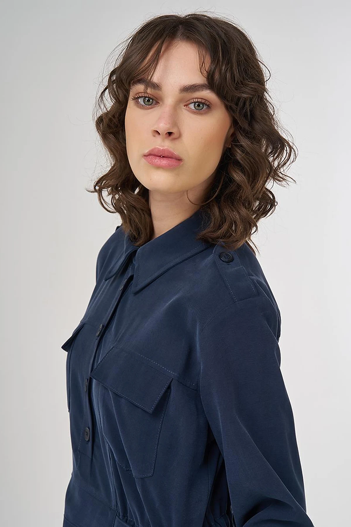 Pocket-Detail Rayon Dress – Dark Navy 