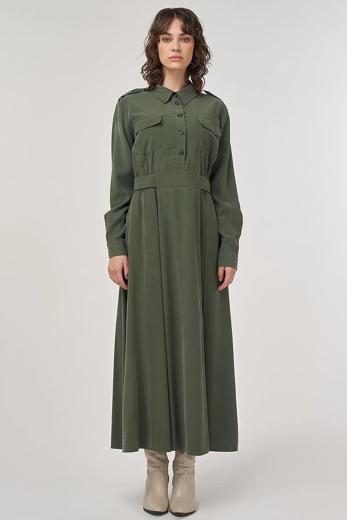 Pocket-Detail Rayon Dress – Forest Green