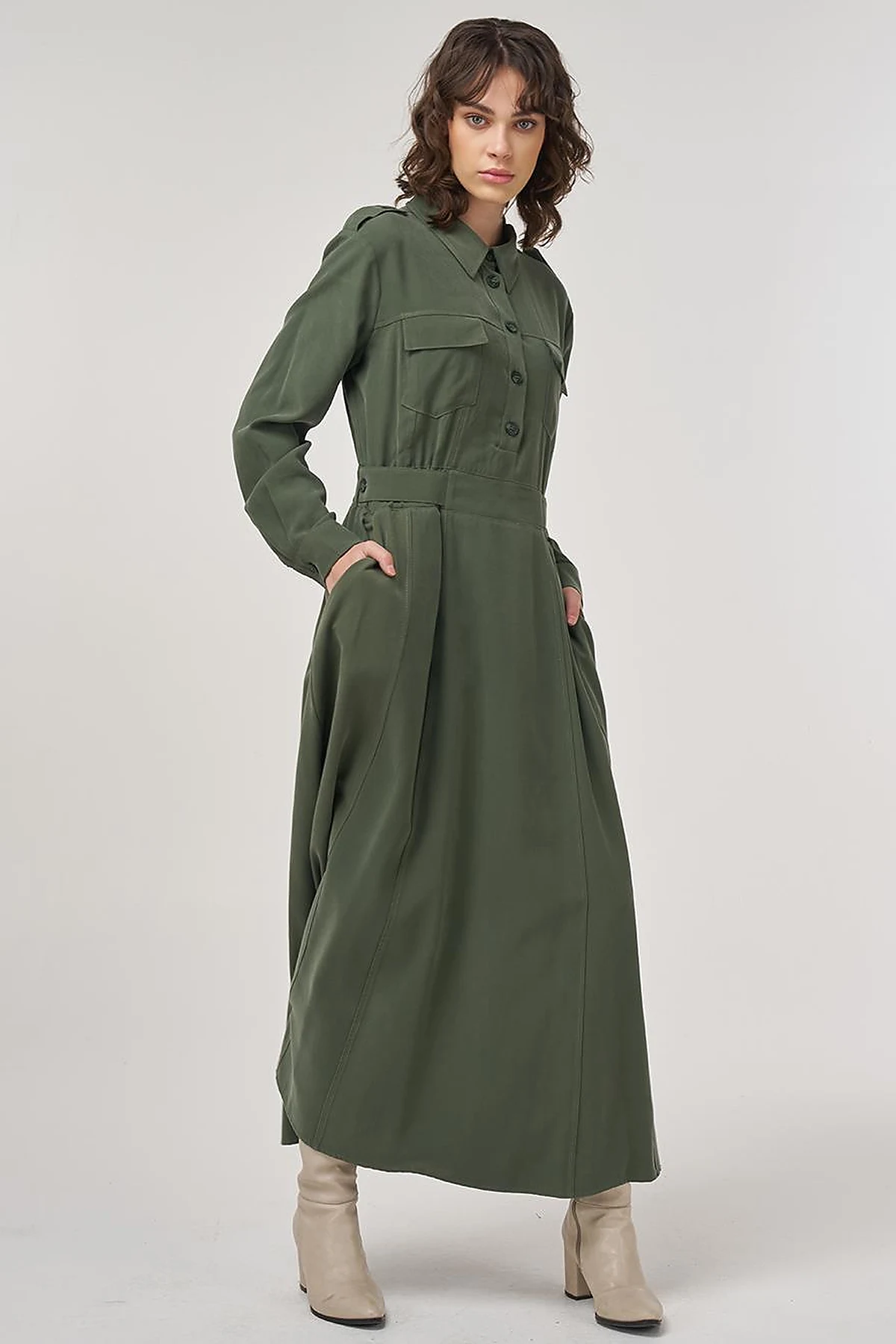 Pocket-Detail Rayon Dress – Forest Green