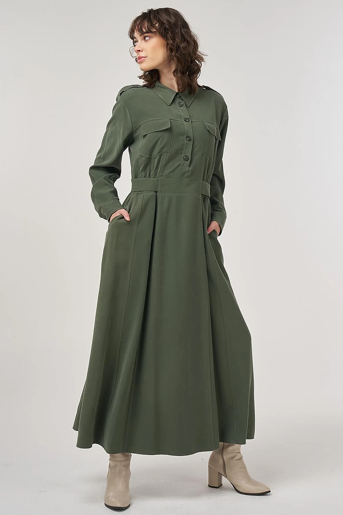 Pocket-Detail Rayon Dress – Forest Green