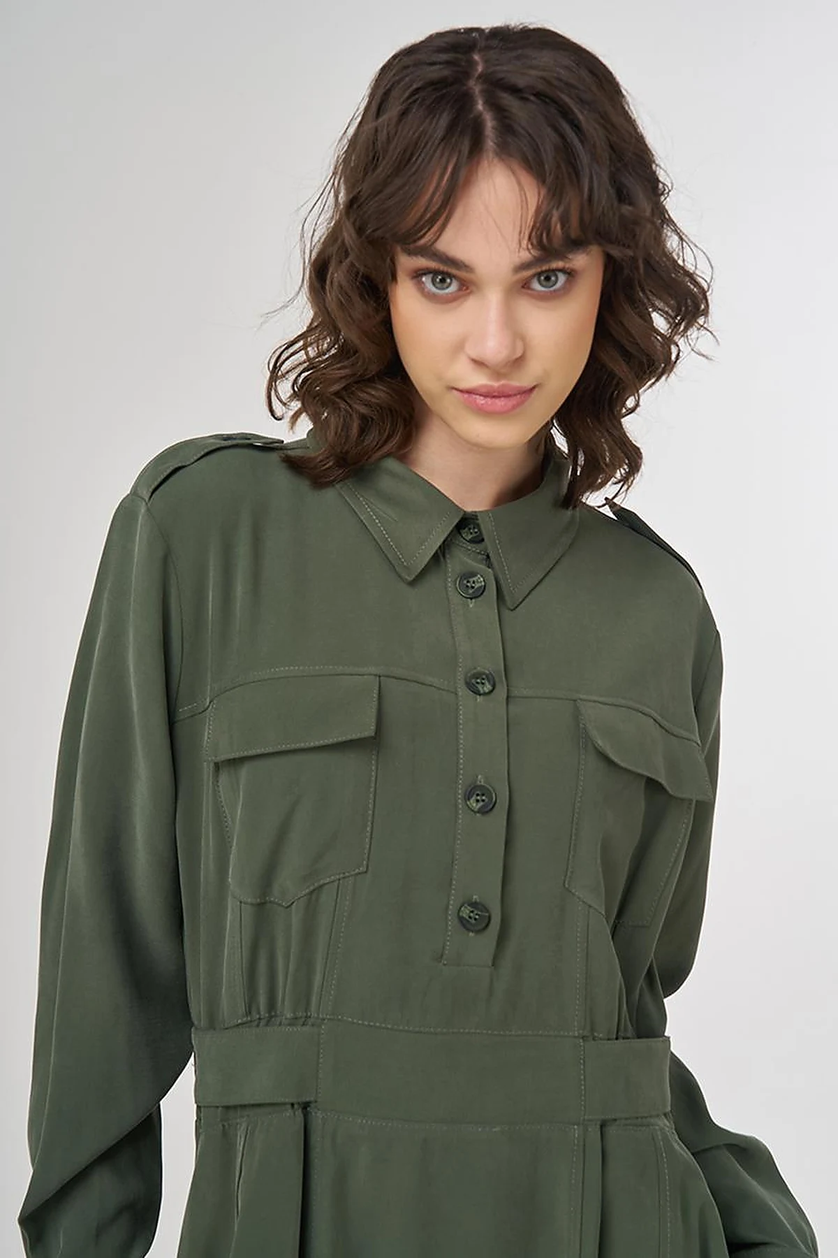 Pocket-Detail Rayon Dress – Forest Green