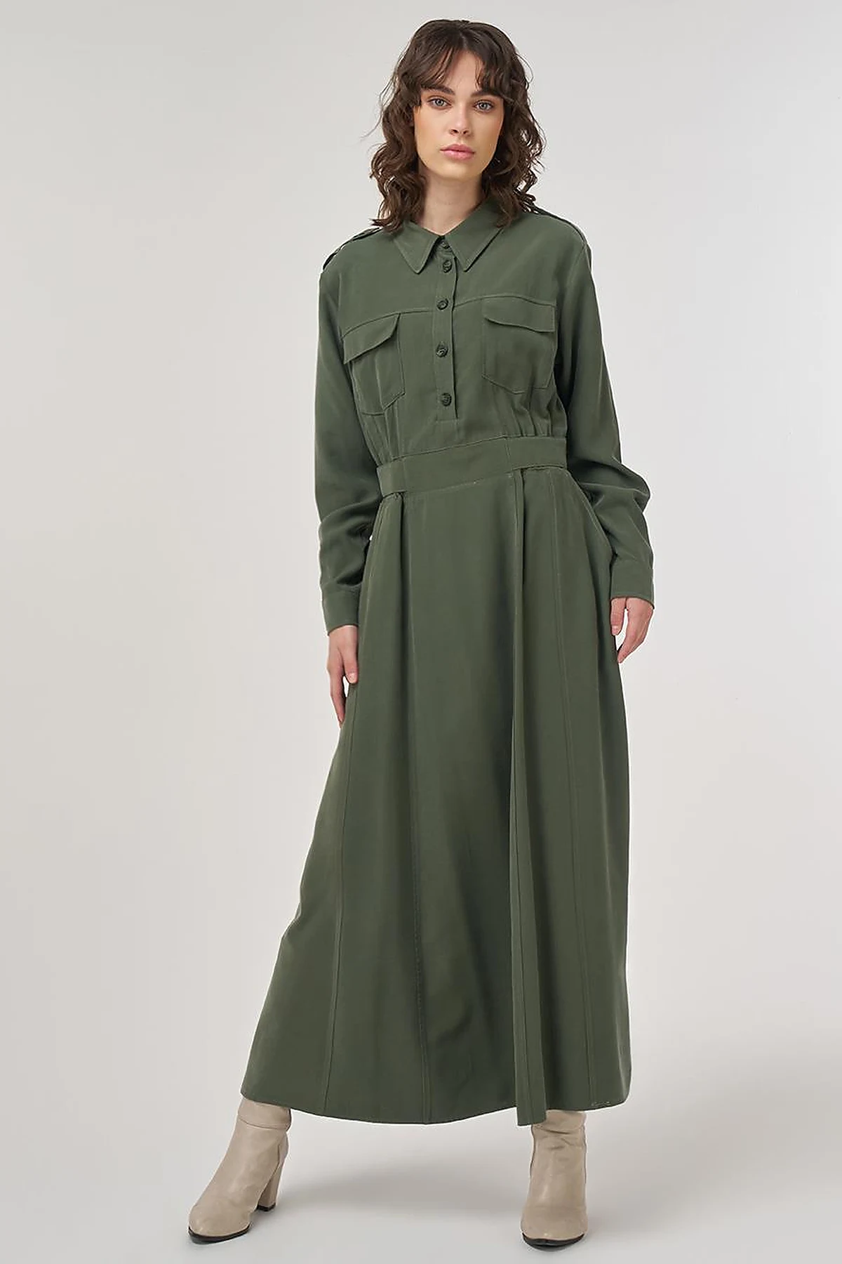 Pocket-Detail Rayon Dress – Forest Green