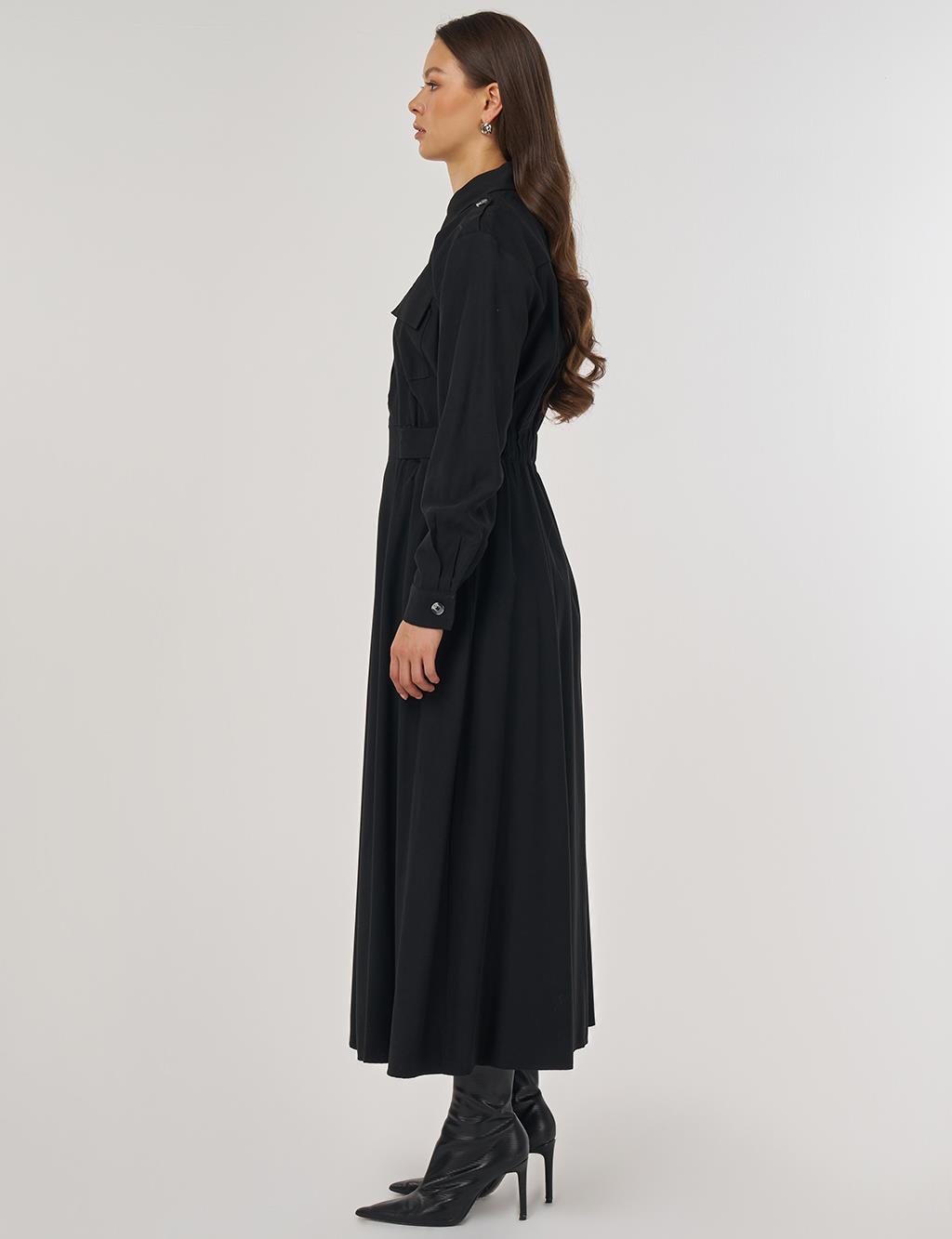 Pocket-Detail Rayon Dress – Black