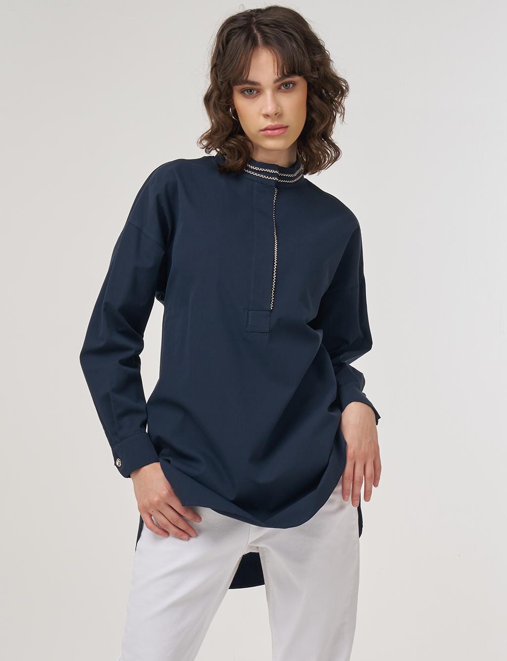 100% Cotton Tunic with Bead Embroidery Dark Navy 