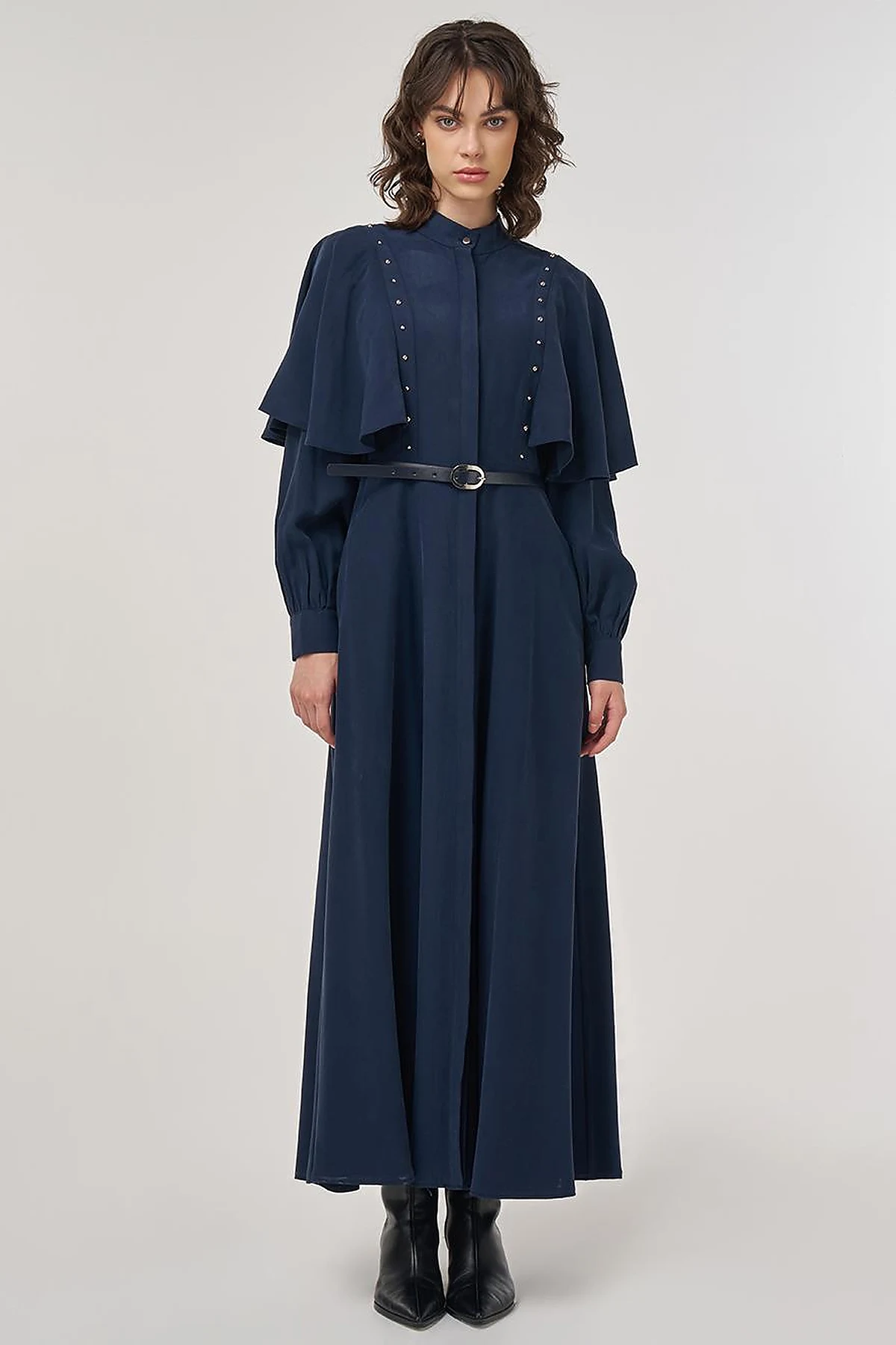 Belted Maxi Rayon Dress Dark Navy