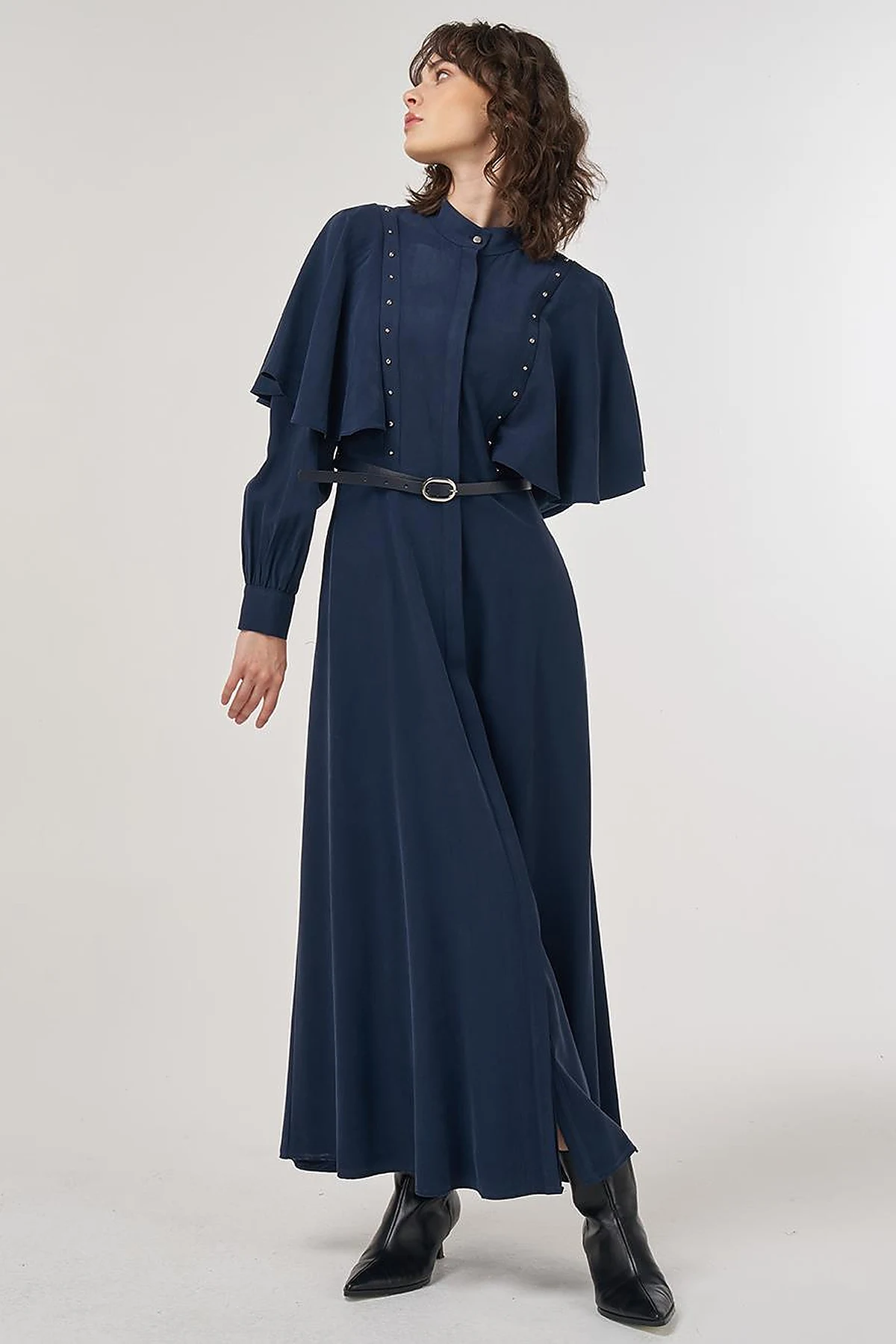 Belted Maxi Rayon Dress Dark Navy