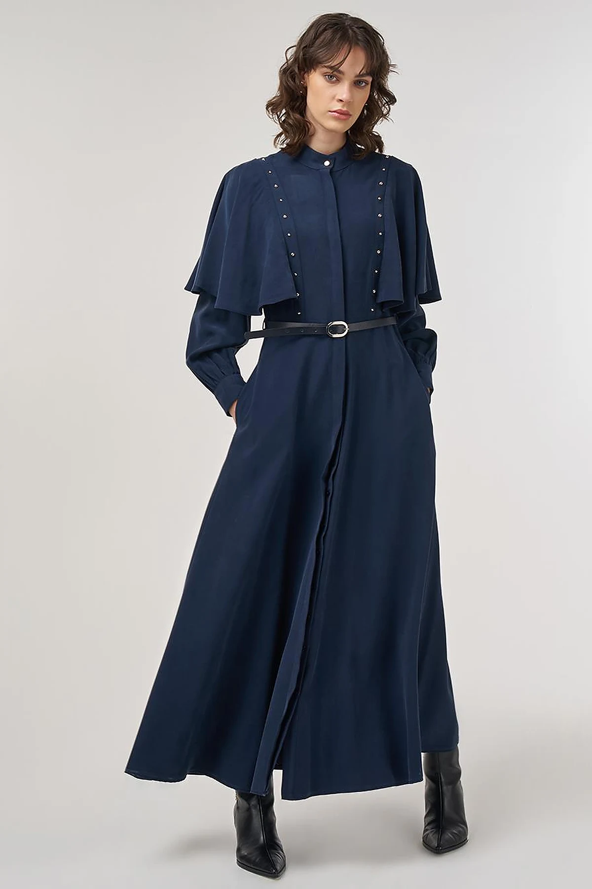 Belted Maxi Rayon Dress Dark Navy