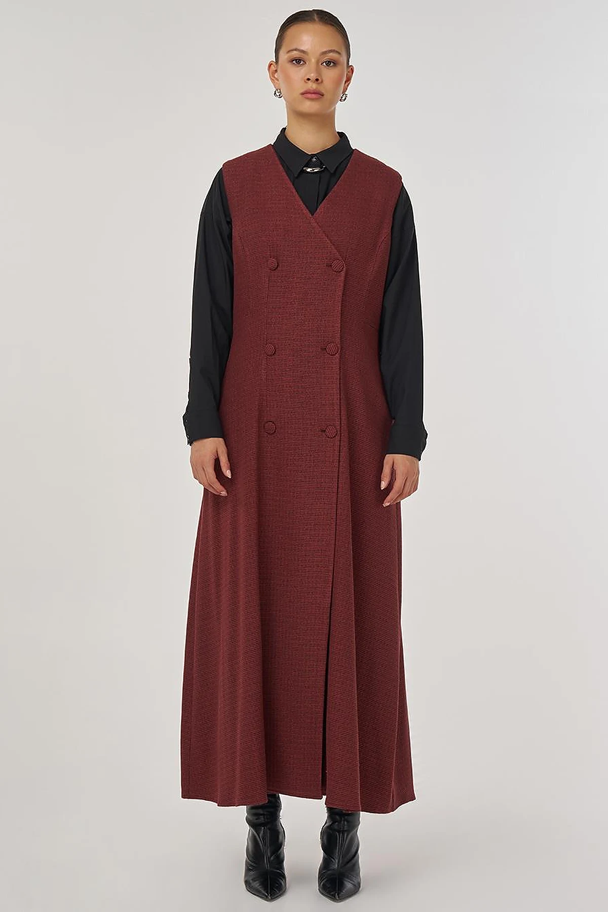 Wrap-Over Viscose Pinafore Dress Chestnut 