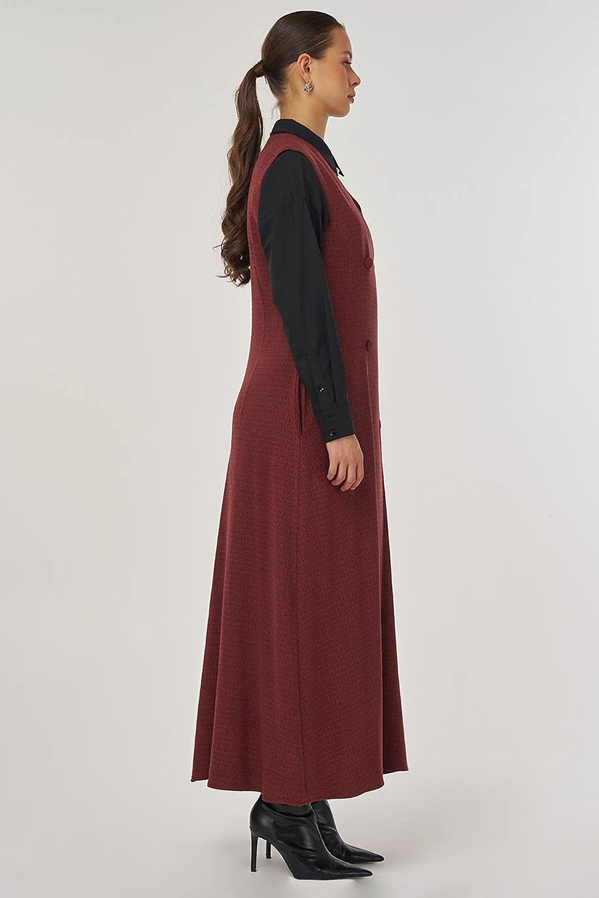 Wrap-Over Viscose Pinafore Dress Chestnut 