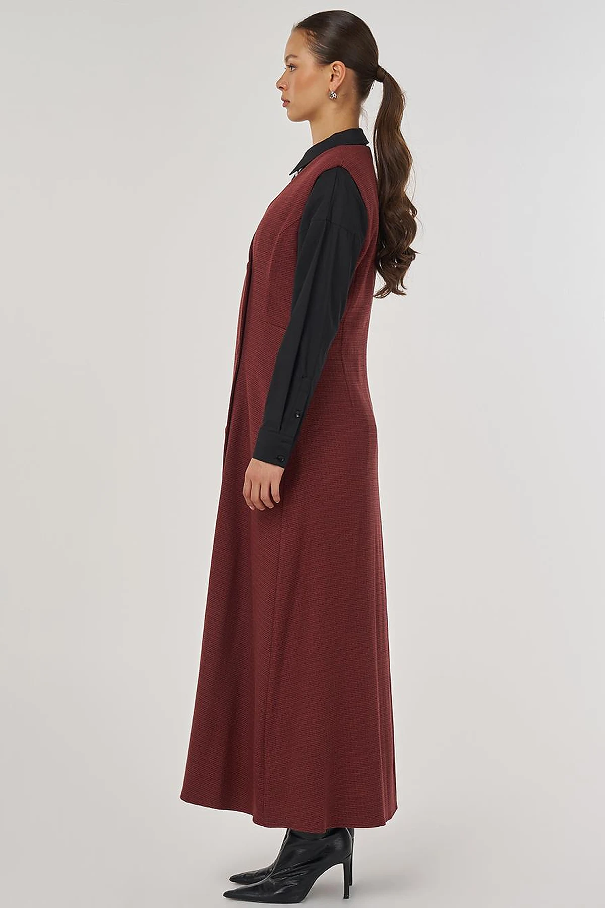 Wrap-Over Viscose Pinafore Dress Chestnut 