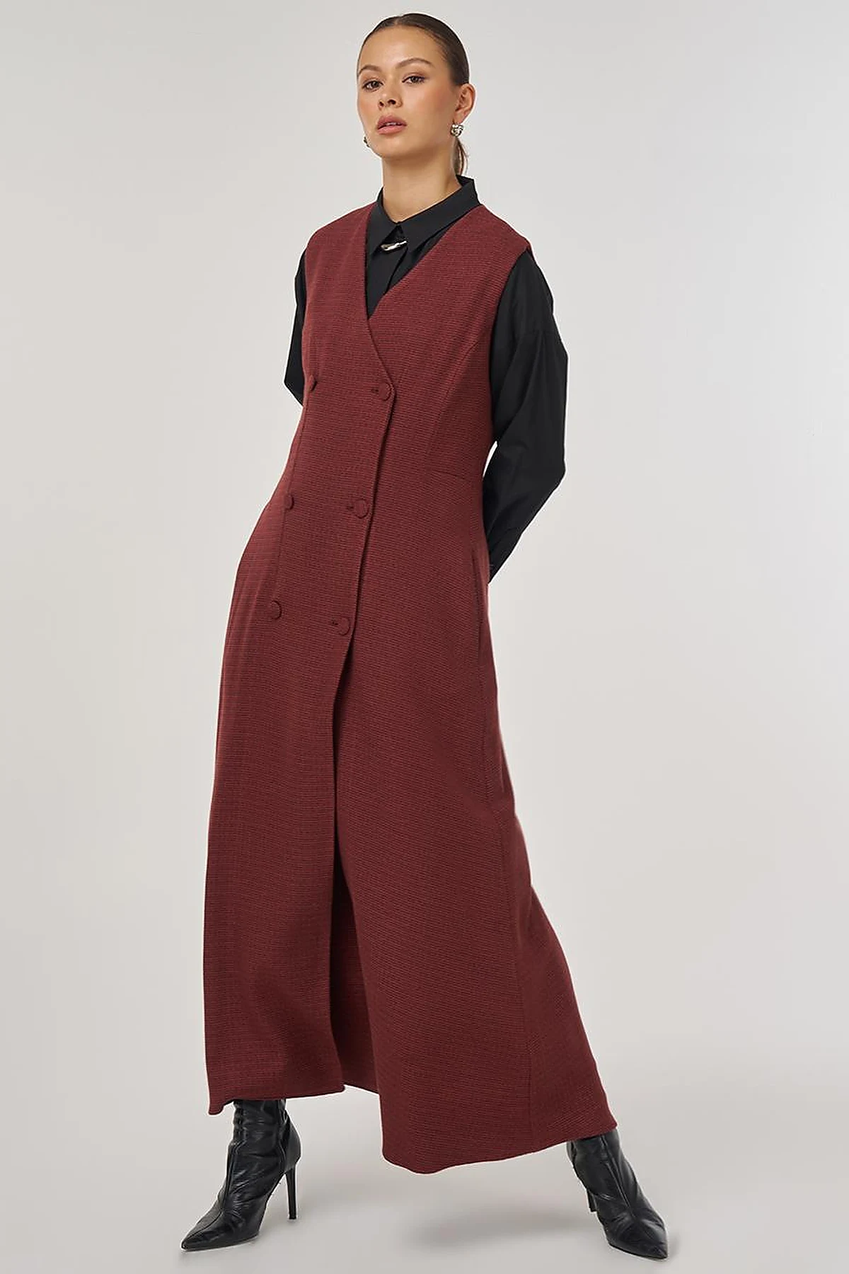 Wrap-Over Viscose Pinafore Dress Chestnut 