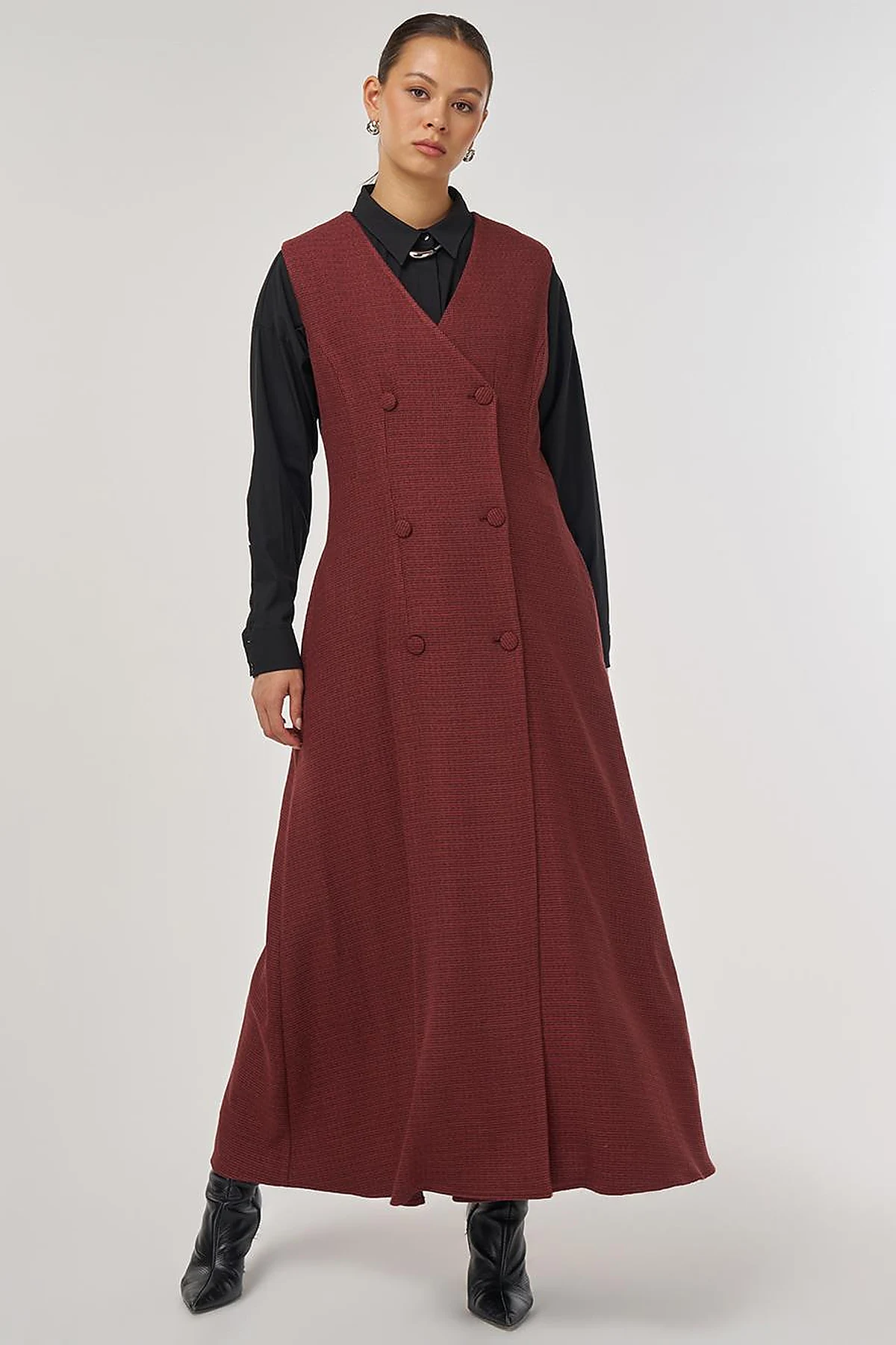 Wrap-Over Viscose Pinafore Dress Chestnut 