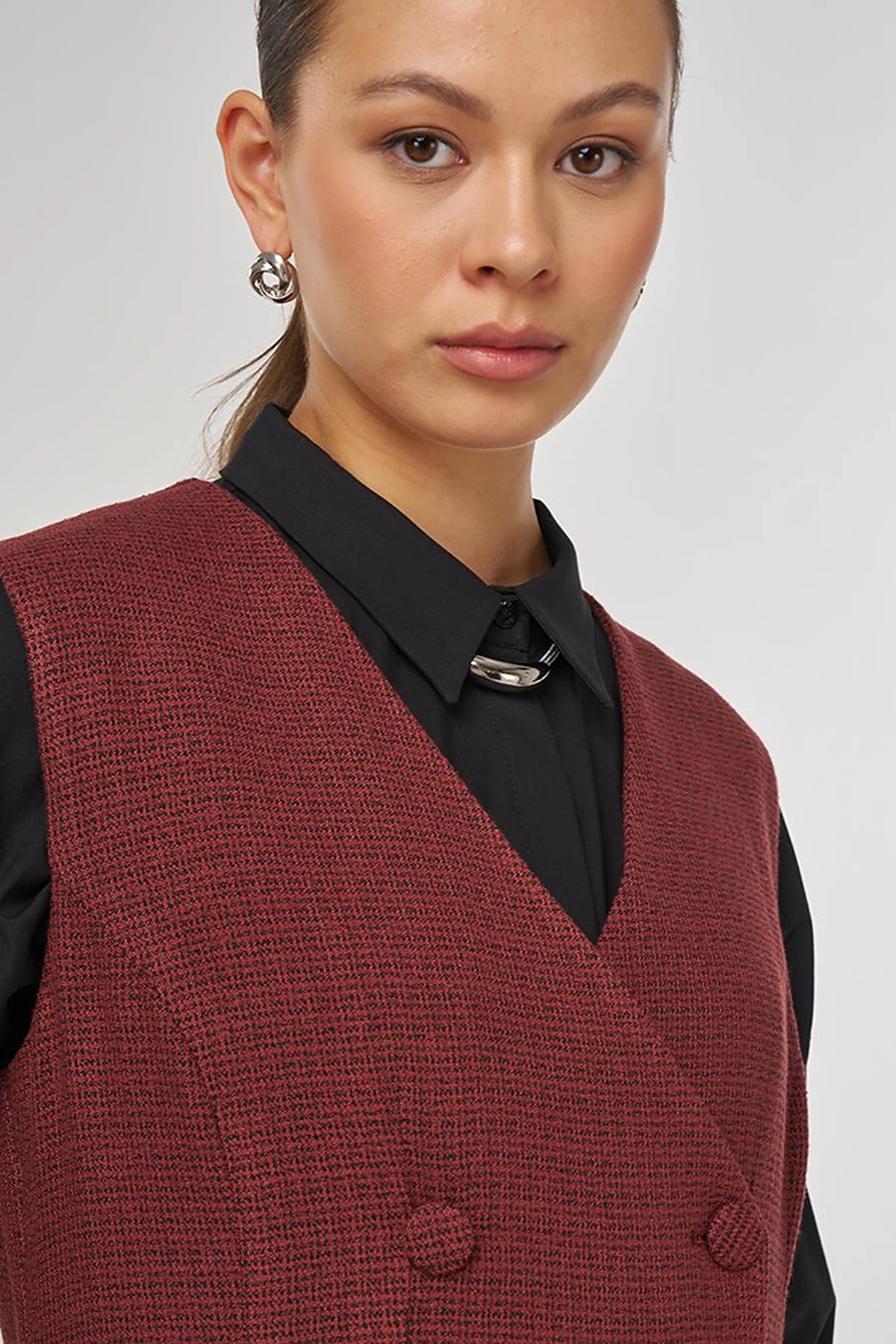 Wrap-Over Viscose Pinafore Dress Chestnut 