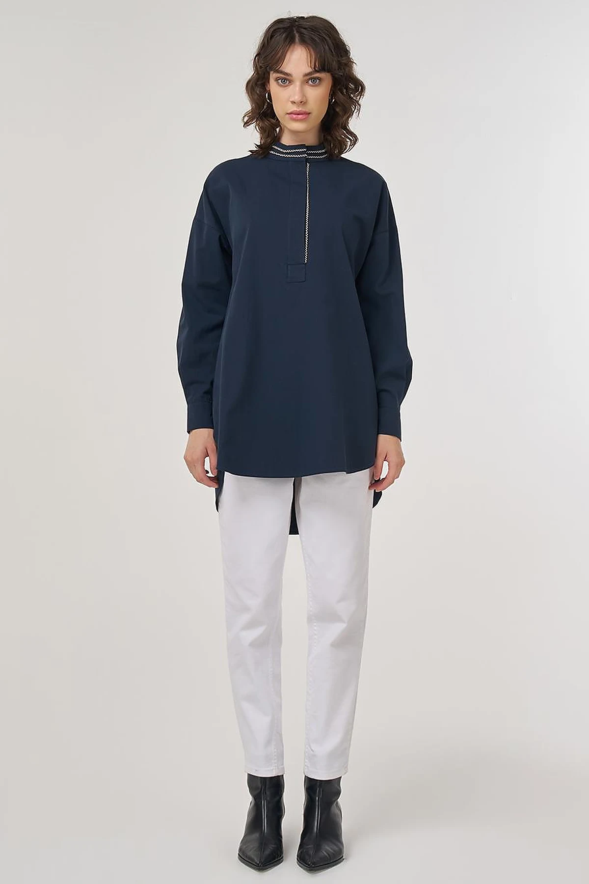 100% Cotton Tunic with Bead Embroidery Dark Navy 