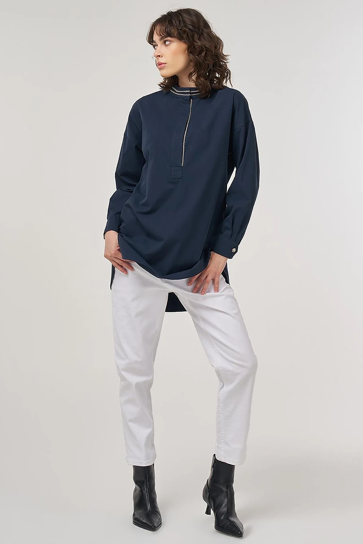 100% Cotton Tunic with Bead Embroidery Dark Navy 