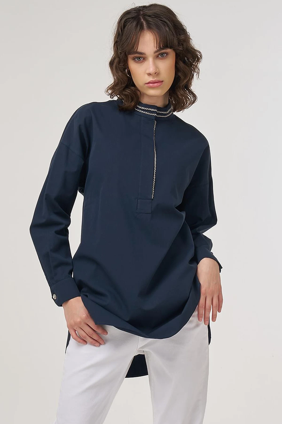 100% Cotton Tunic with Bead Embroidery Dark Navy 