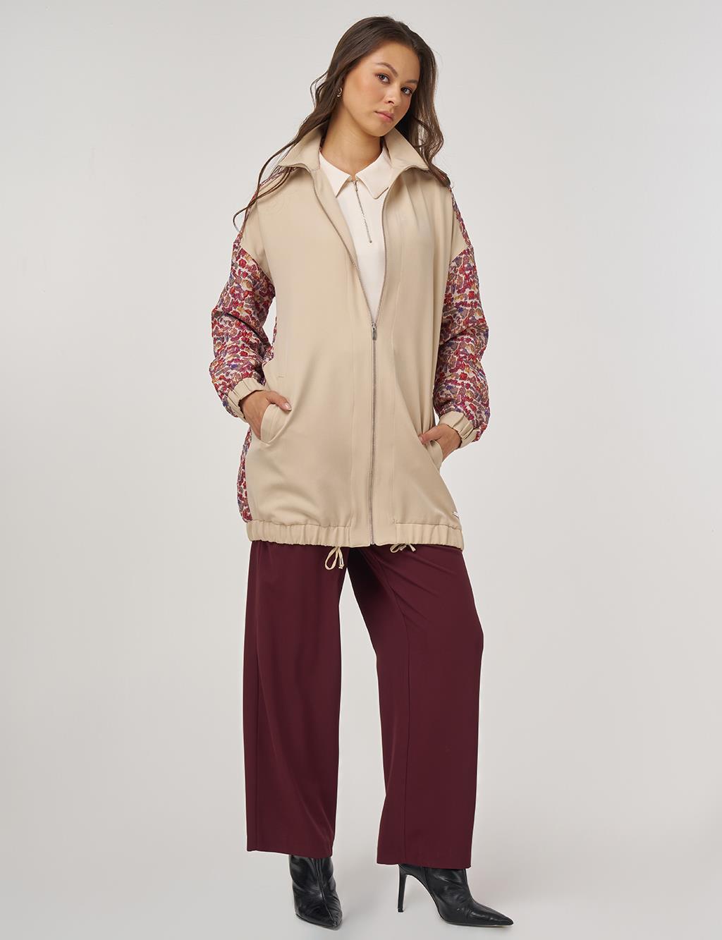 Fabric-Trimmed Stand Collar Jacket – Stone