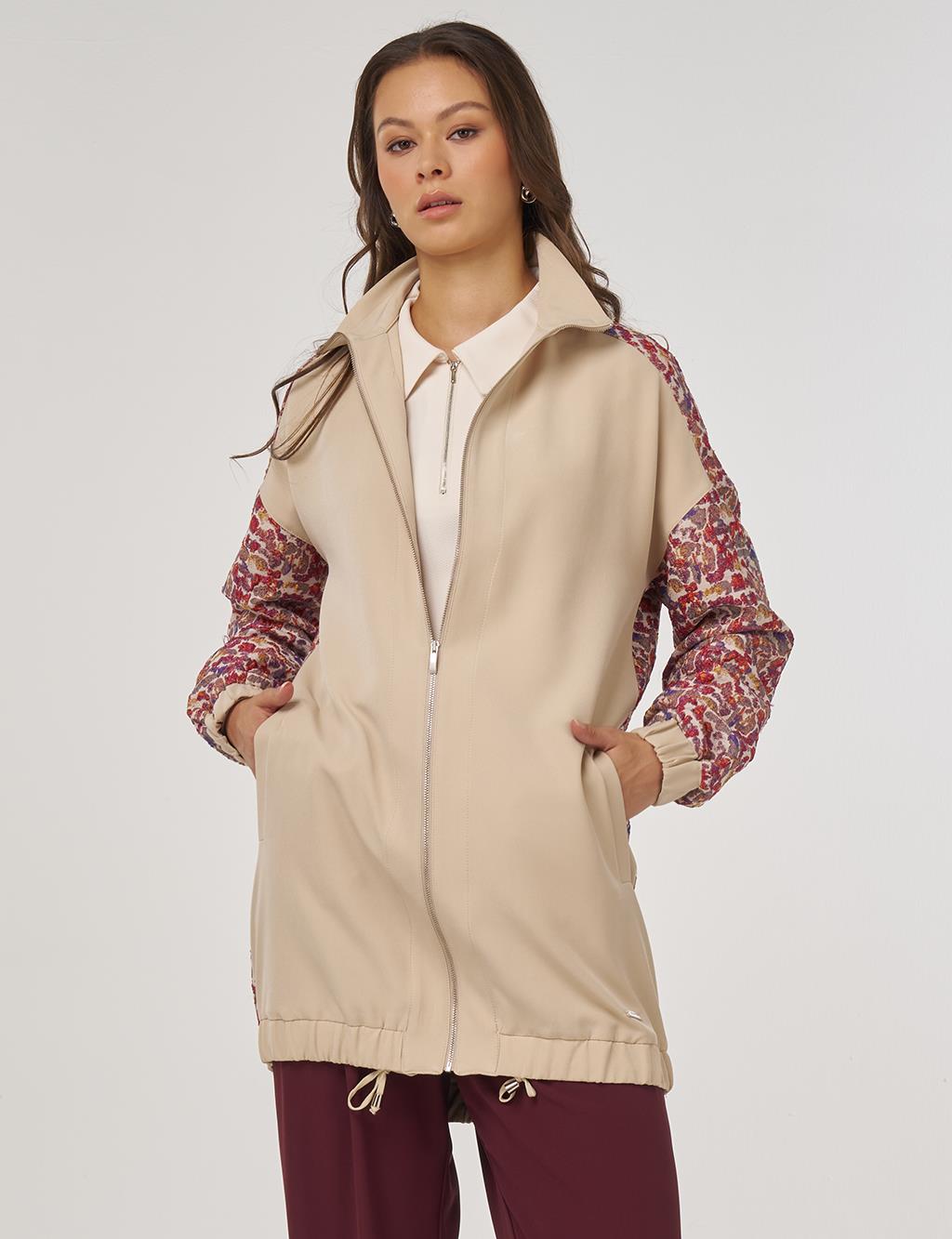 Fabric-Trimmed Stand Collar Jacket – Stone