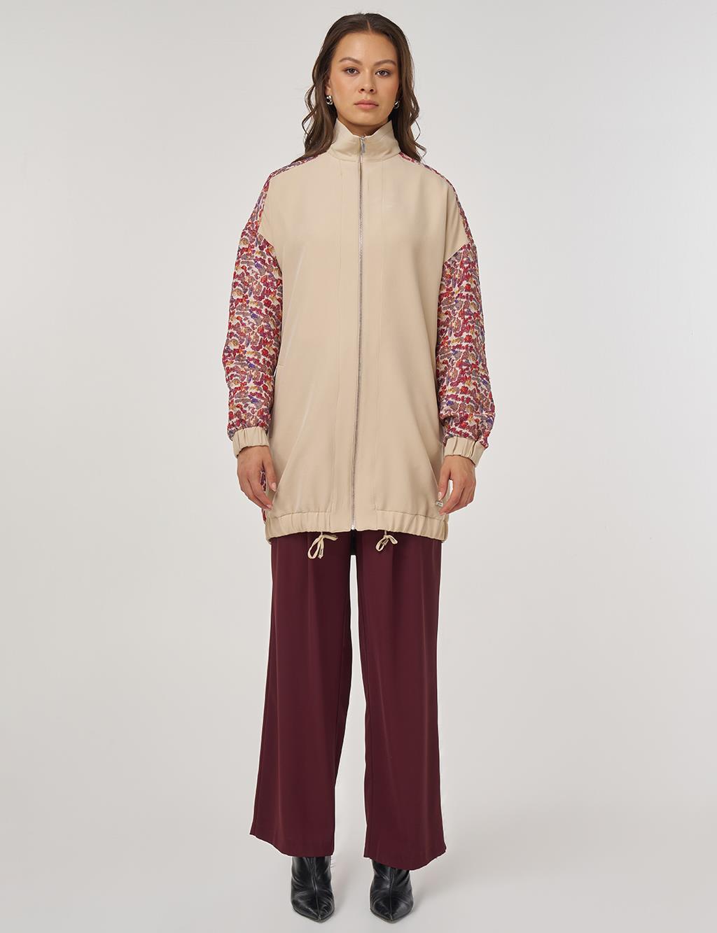 Fabric-Trimmed Stand Collar Jacket – Stone