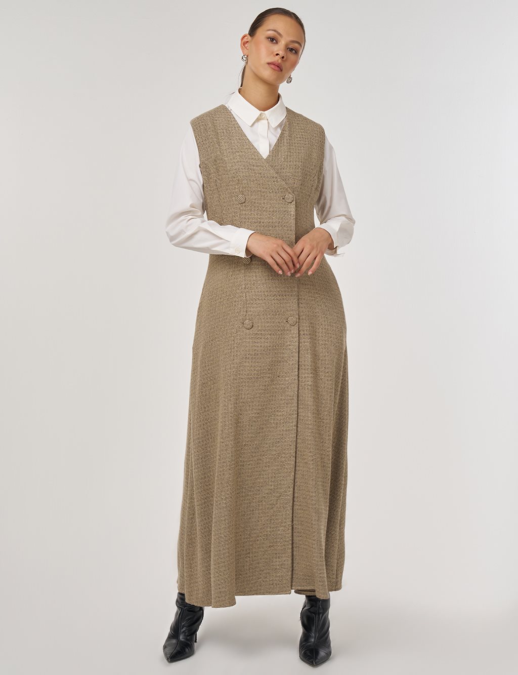 Wrap-Over Viscose Pinafore Dress Beige