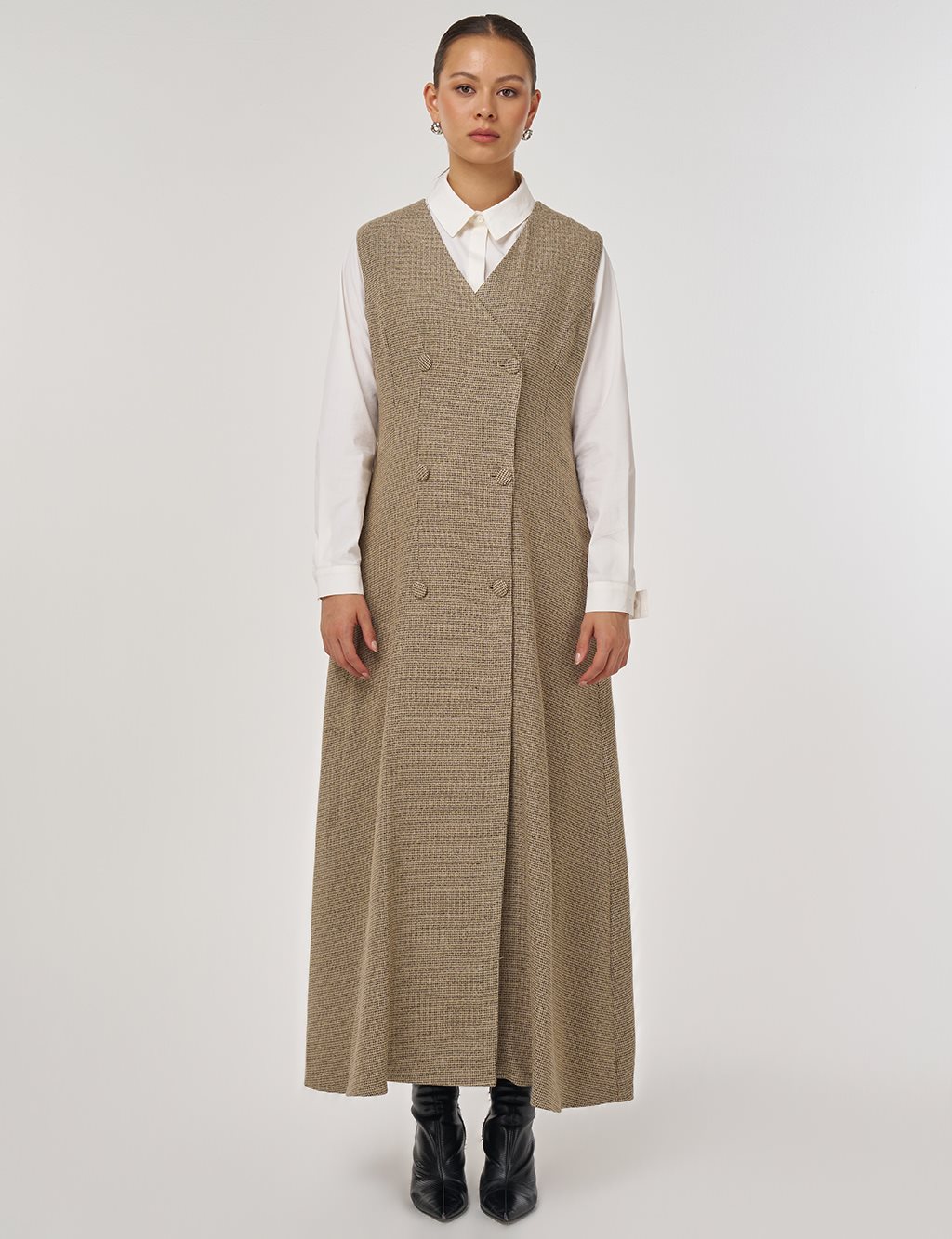Wrap-Over Viscose Pinafore Dress Beige