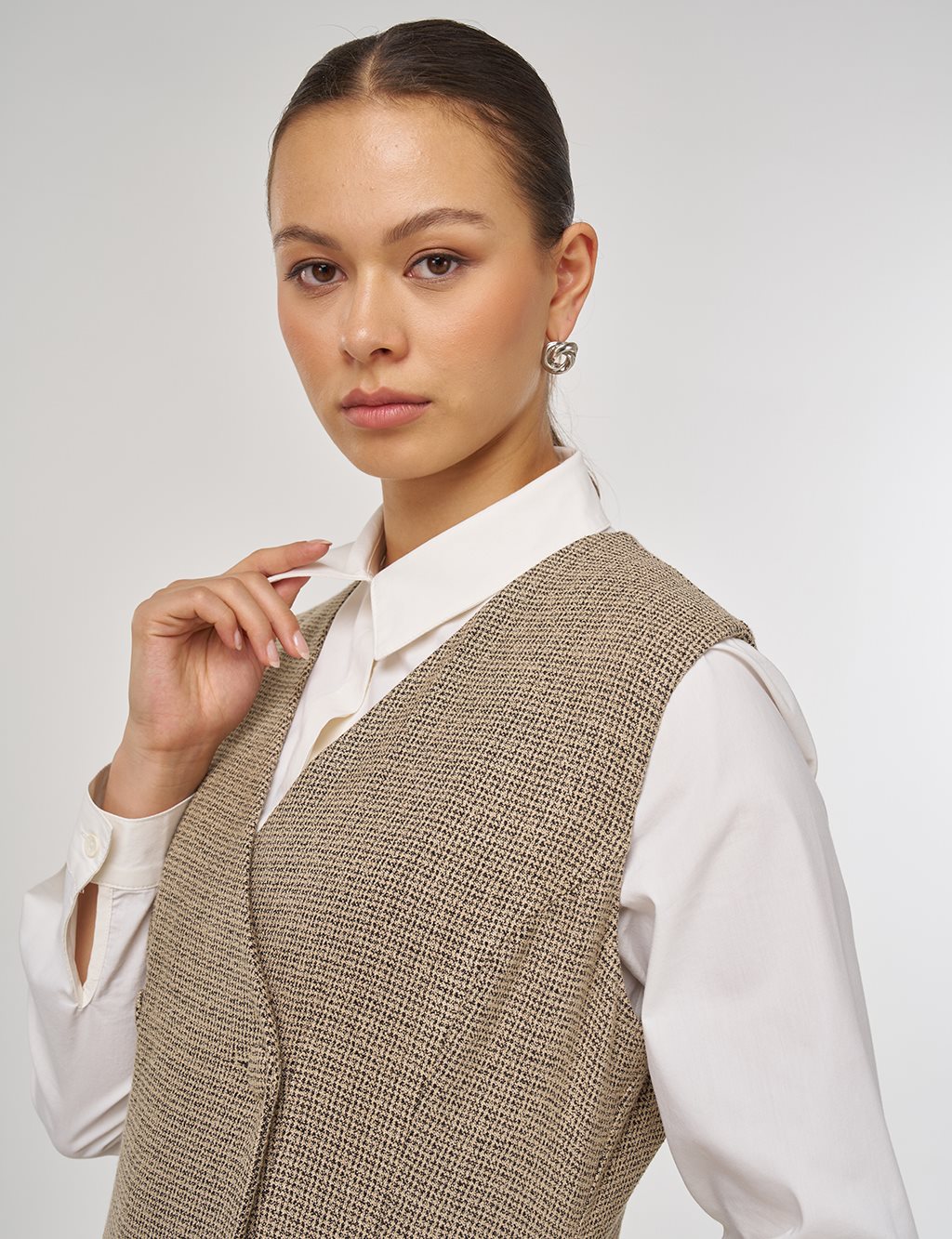 Wrap-Over Viscose Pinafore Dress Beige