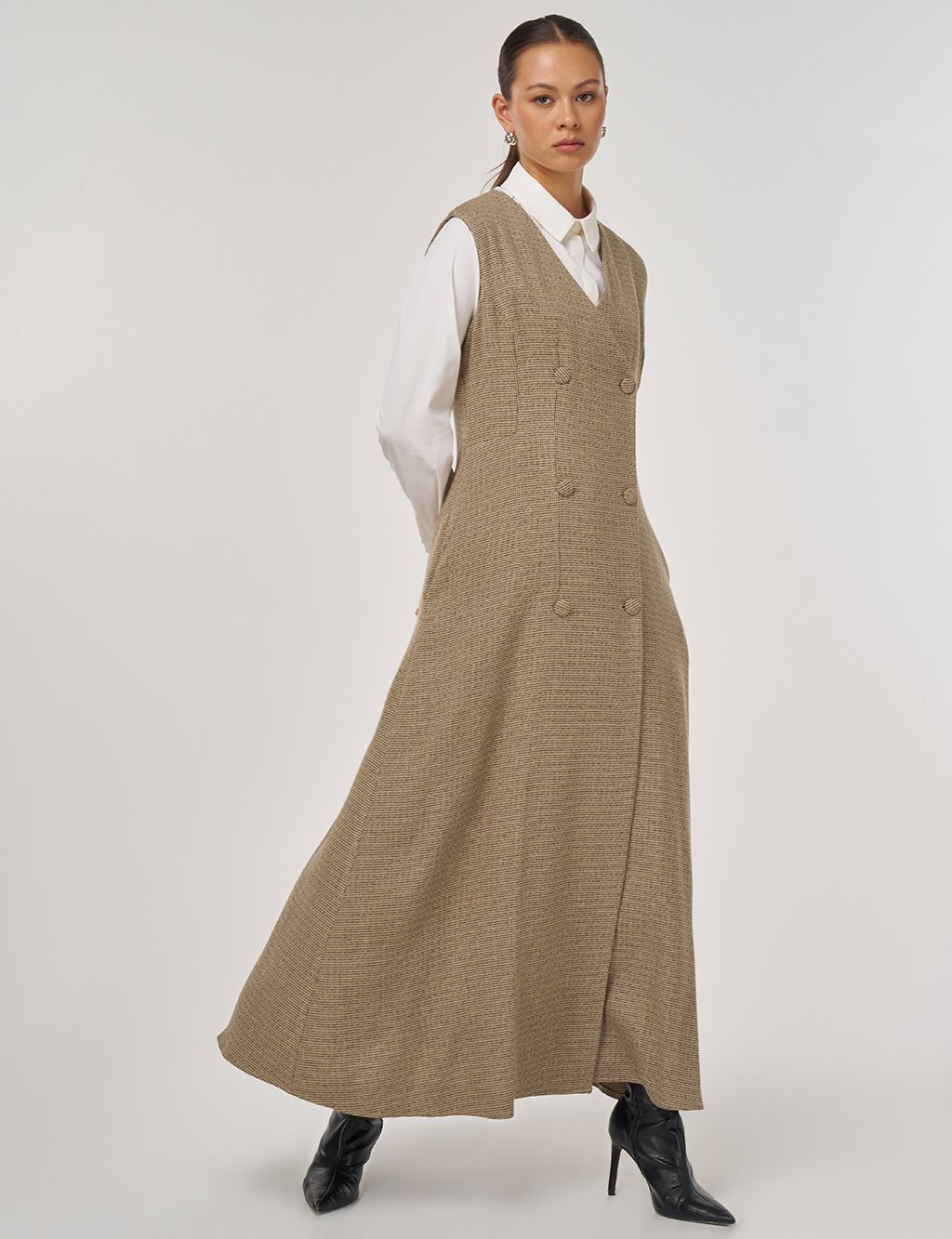 Wrap-Over Viscose Pinafore Dress Beige