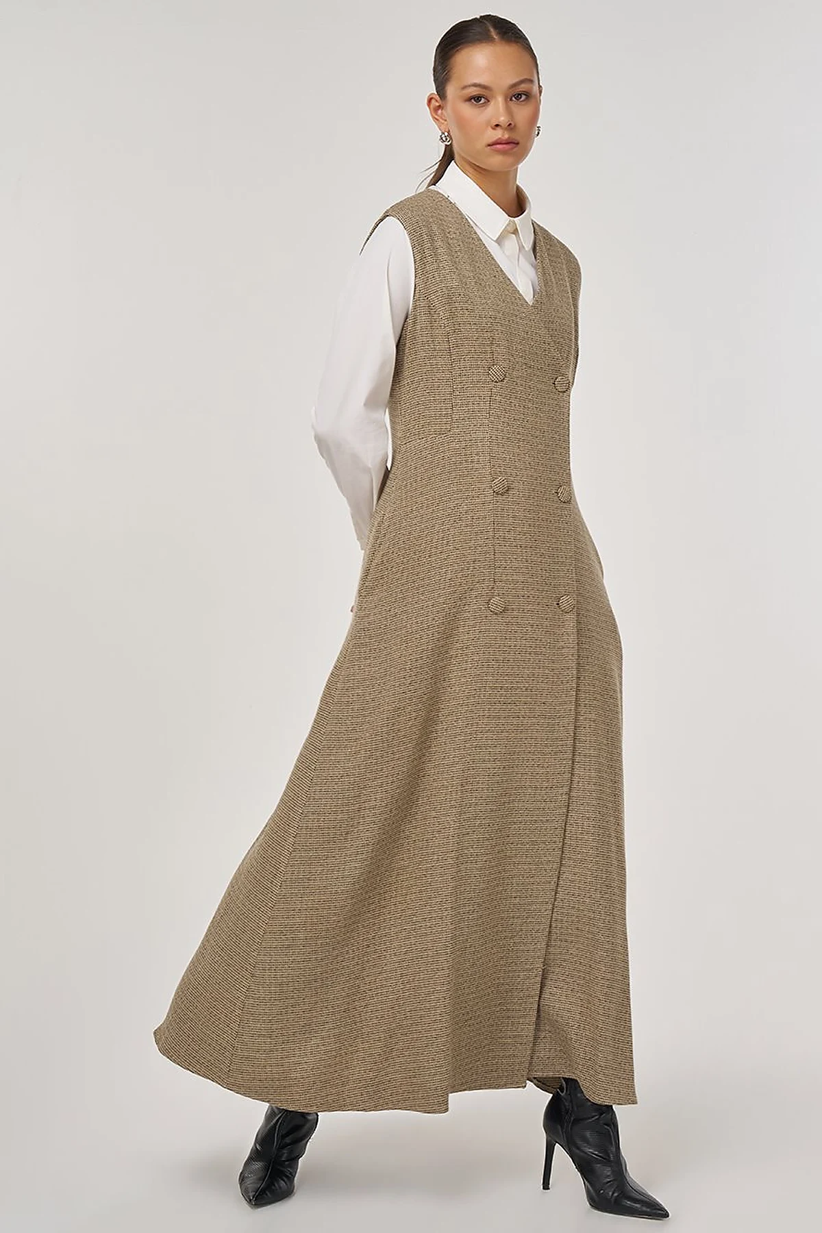 Wrap-Over Viscose Pinafore Dress Beige
