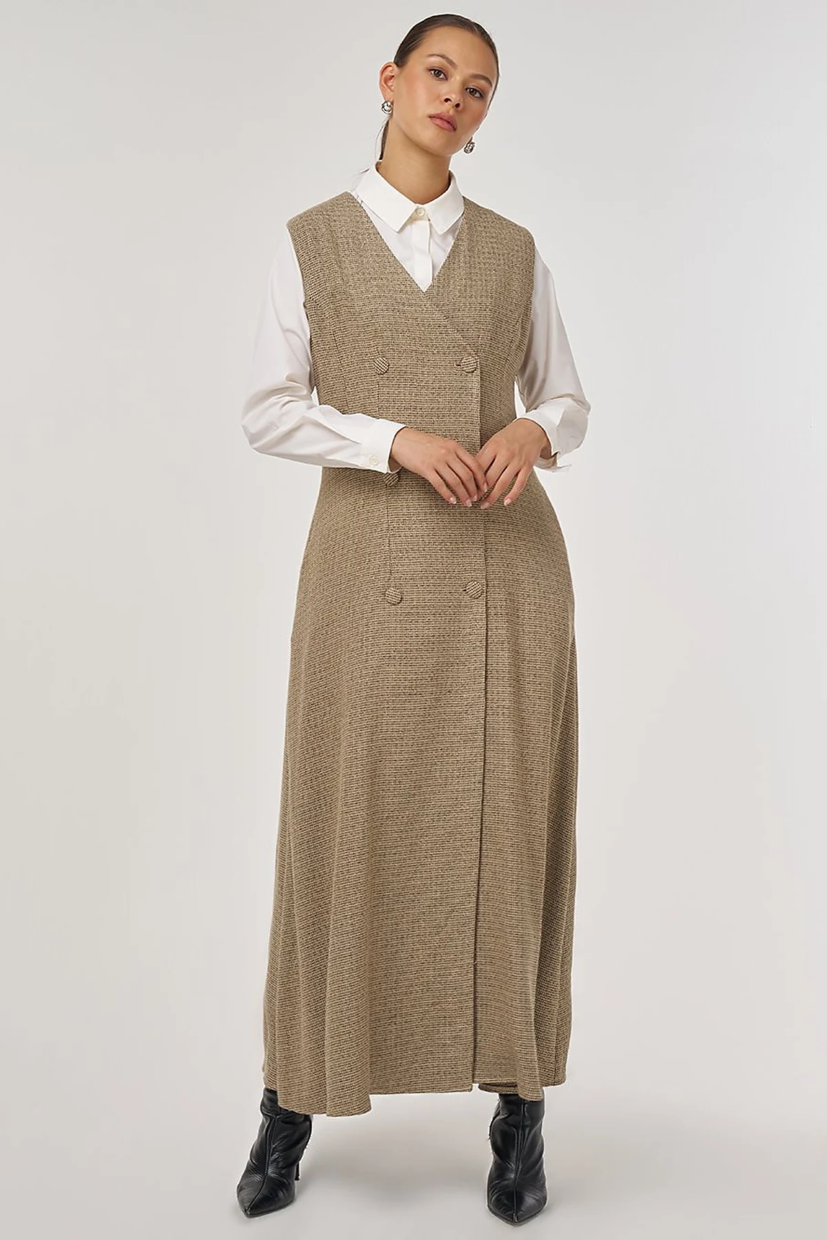Wrap-Over Viscose Pinafore Dress Beige