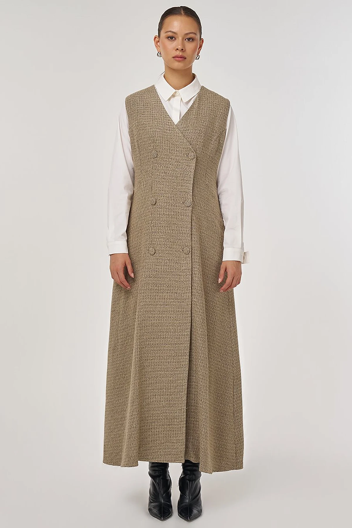 Wrap-Over Viscose Pinafore Dress Beige