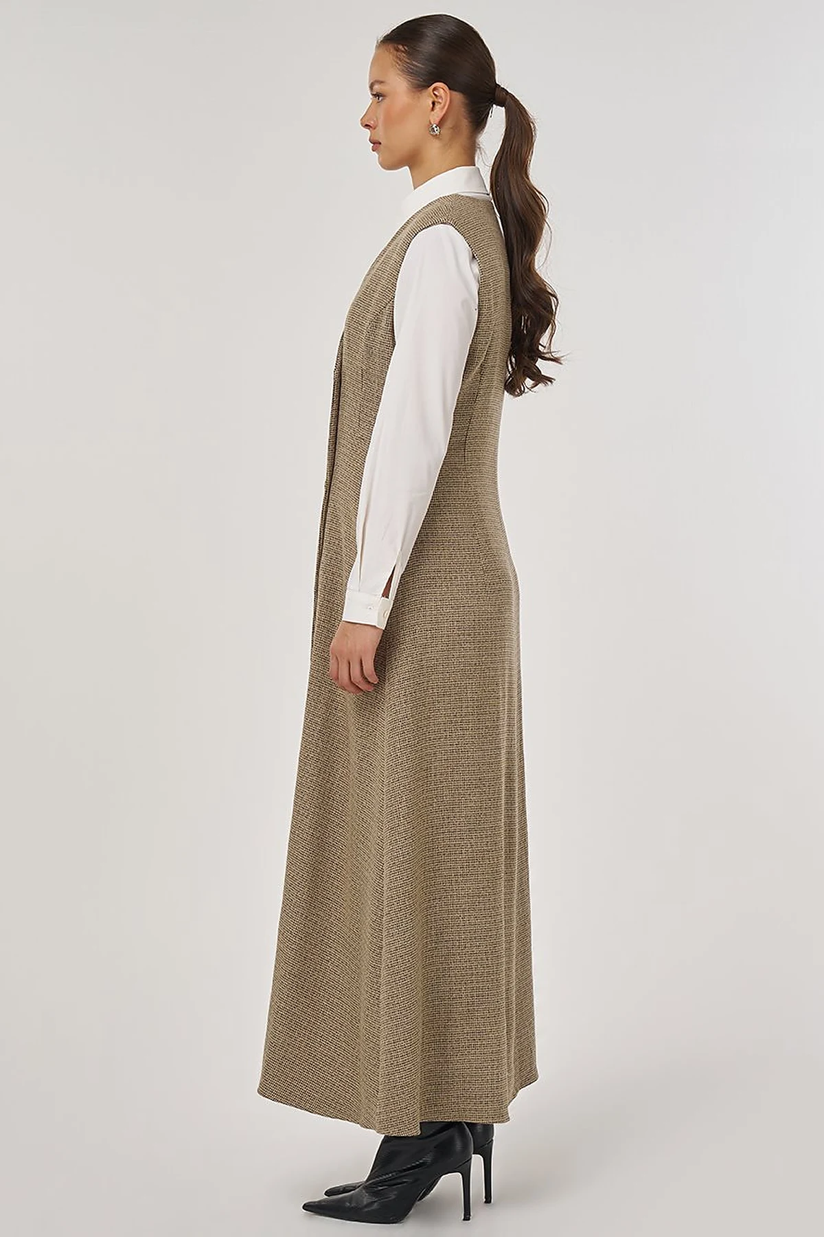 Wrap-Over Viscose Pinafore Dress Beige