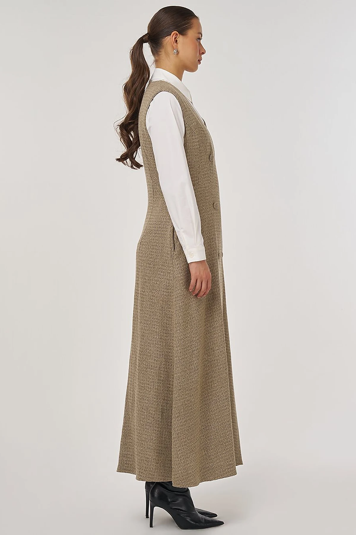 Wrap-Over Viscose Pinafore Dress Beige
