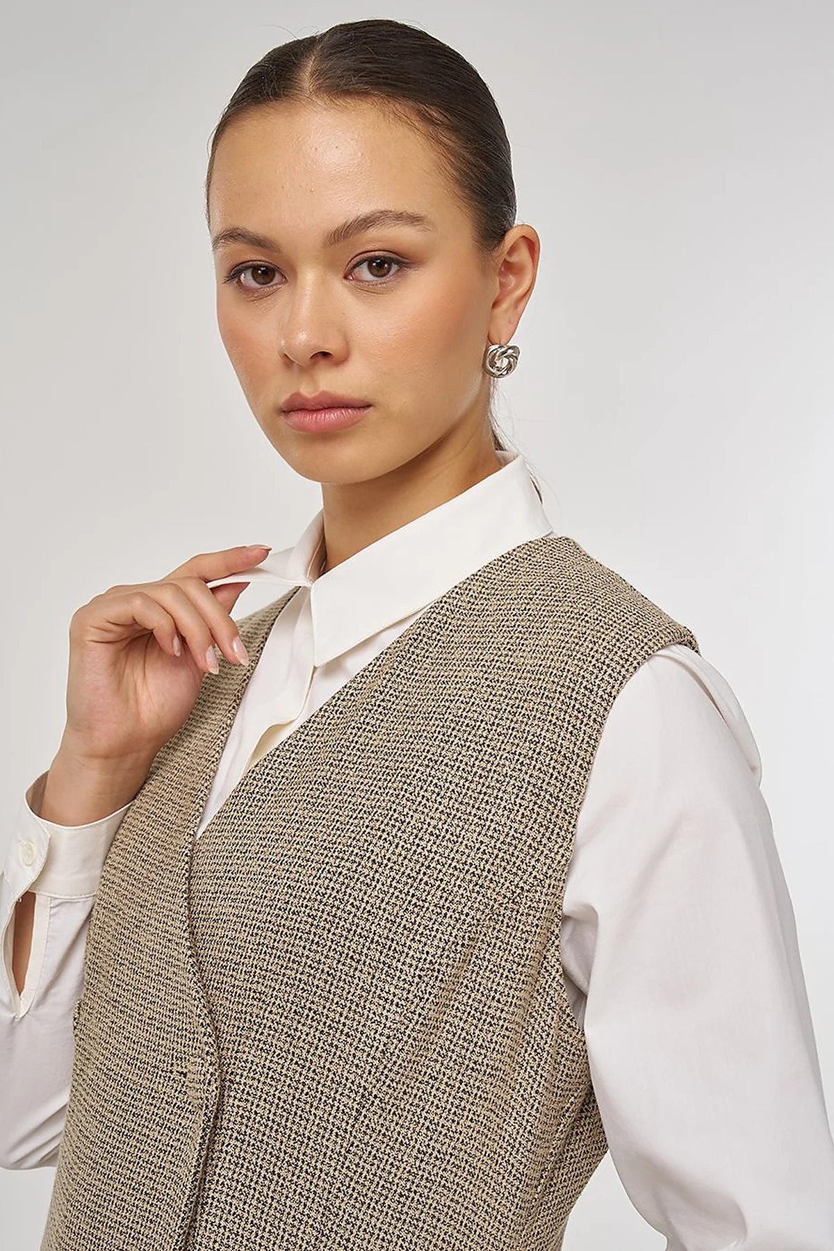Wrap-Over Viscose Pinafore Dress Beige