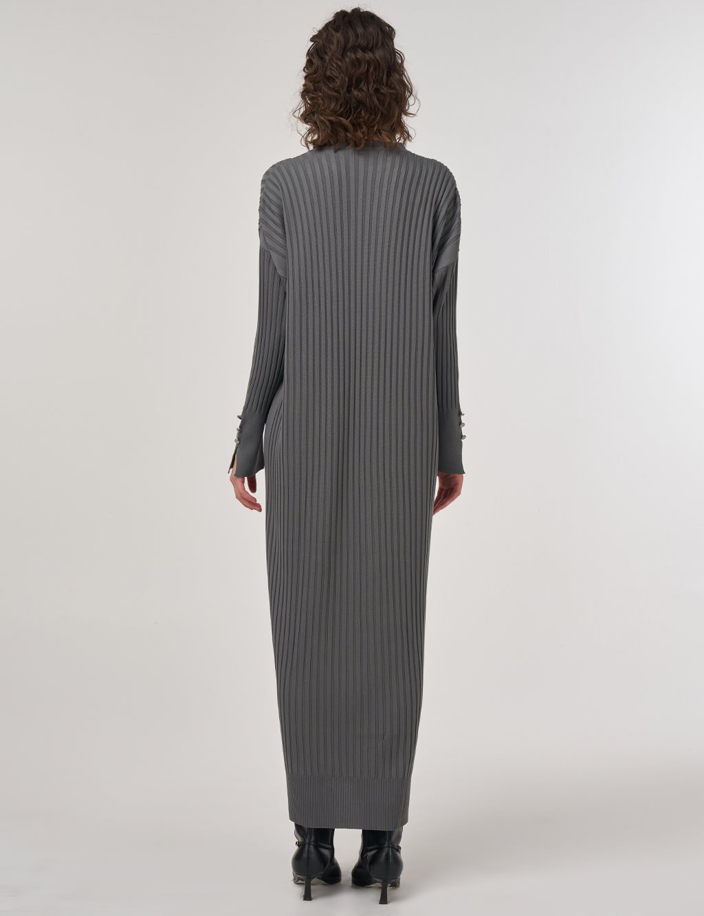Ribbed Crew Neck Knit Maxi Dress Gray 