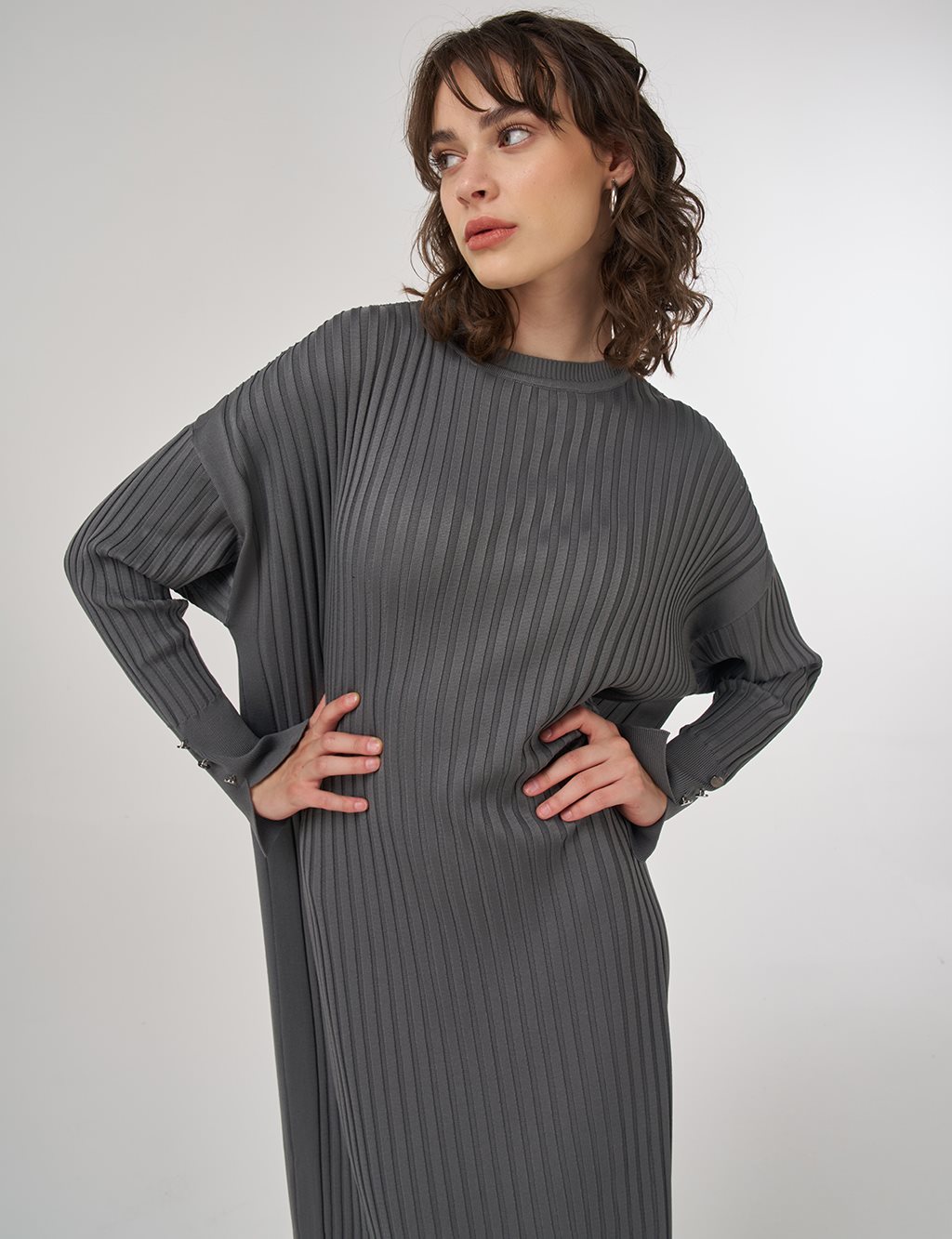 Ribbed Crew Neck Knit Maxi Dress Gray 