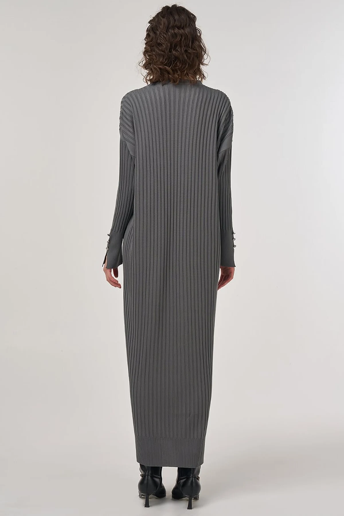 Ribbed Crew Neck Knit Maxi Dress Gray 