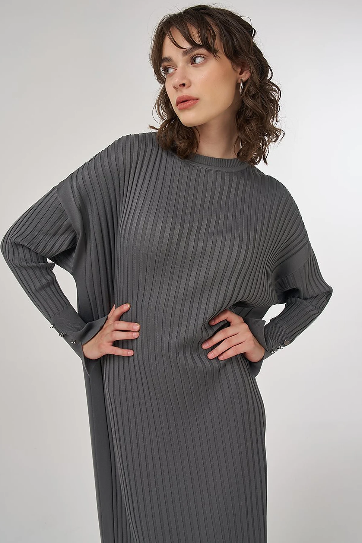 Ribbed Crew Neck Knit Maxi Dress Gray 