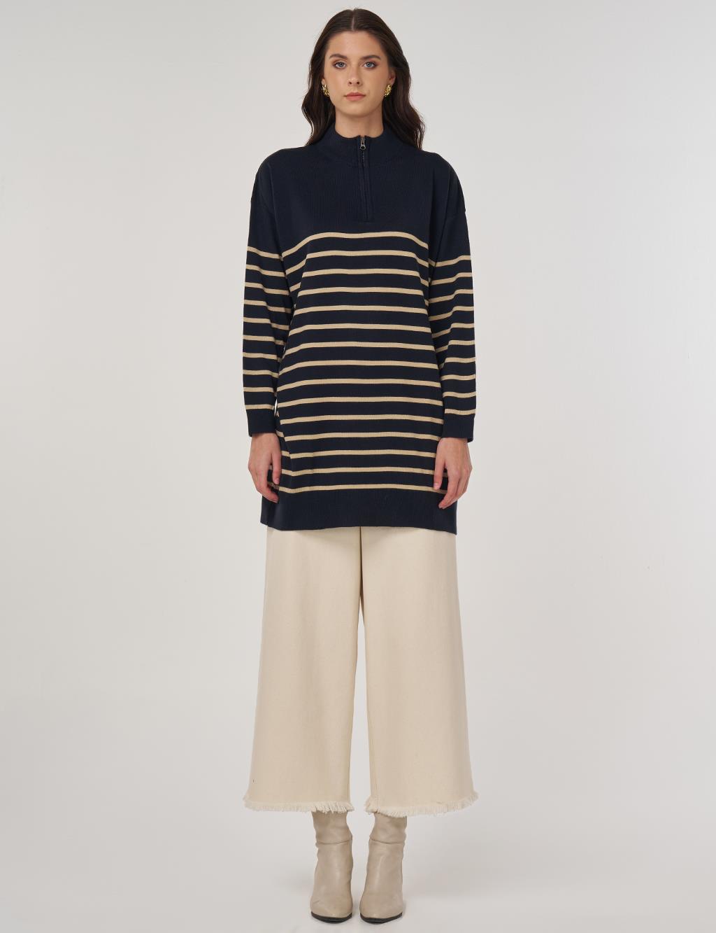 Striped Knit Tunic in Navy and Stone
