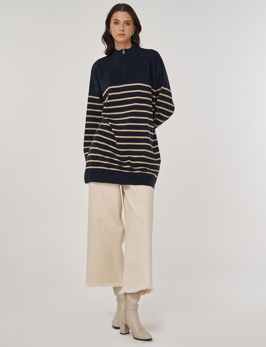 Striped Knit Tunic in Navy and Stone