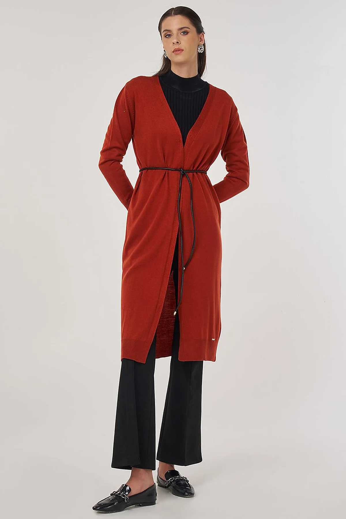 Long Knit Cardigan in Brick Red