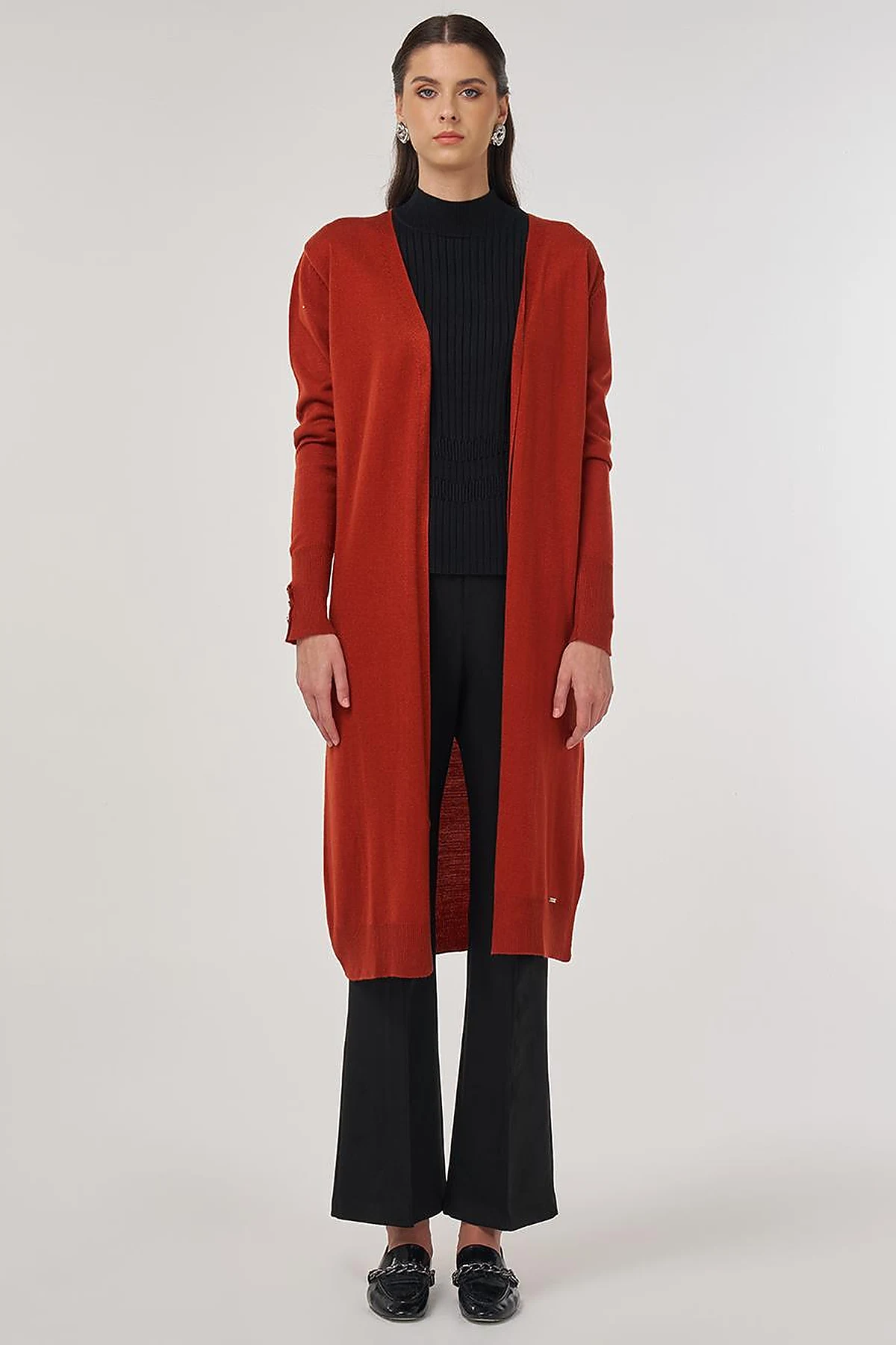 Long Knit Cardigan in Brick Red