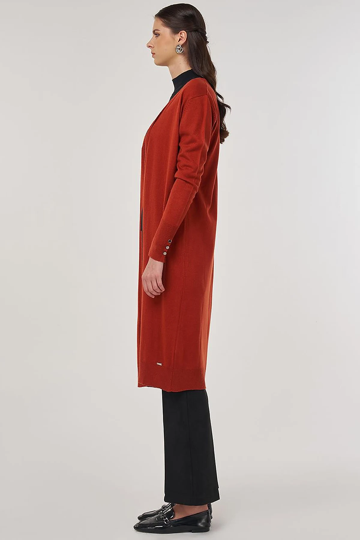 Long Knit Cardigan in Brick Red