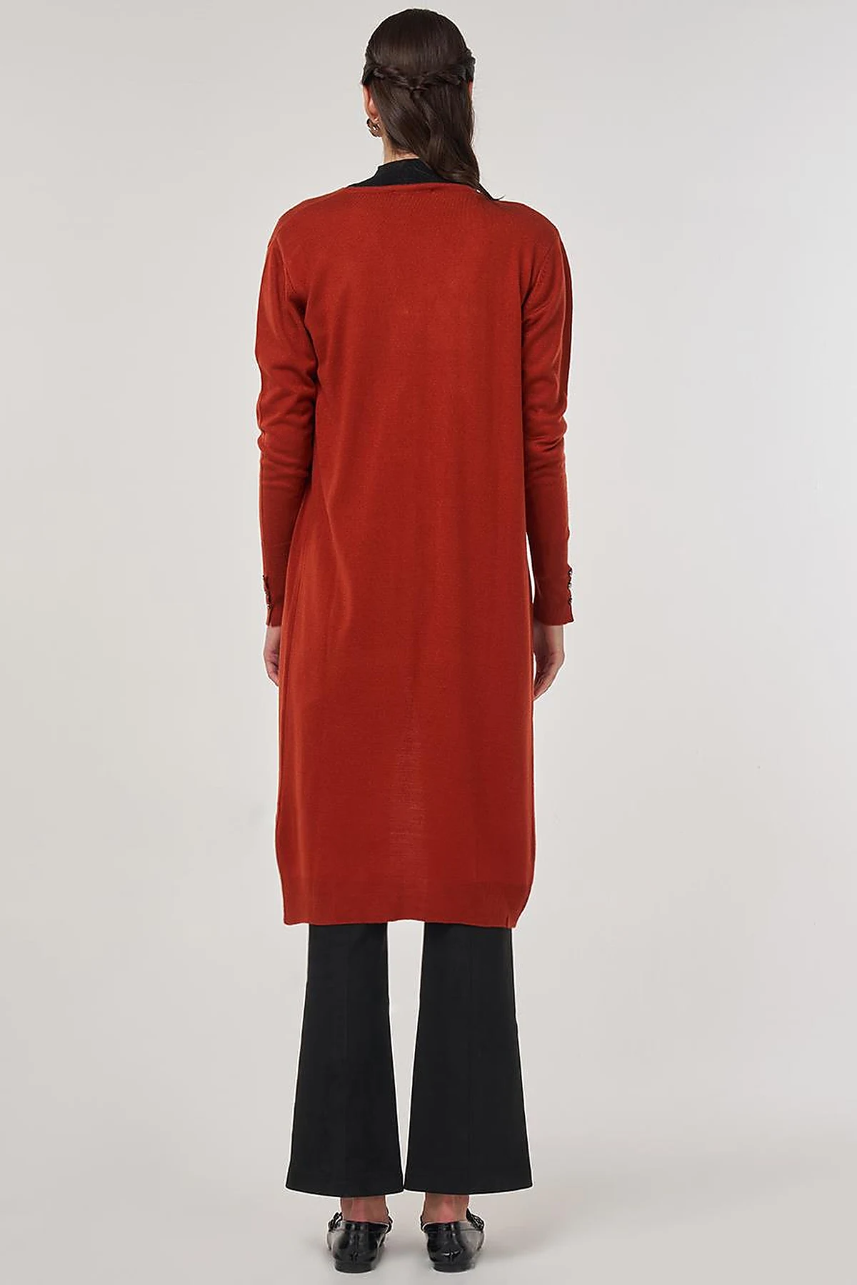 Long Knit Cardigan in Brick Red