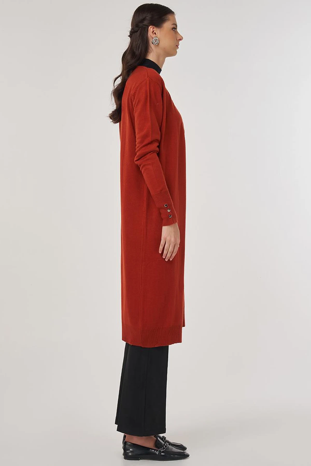 Long Knit Cardigan in Brick Red