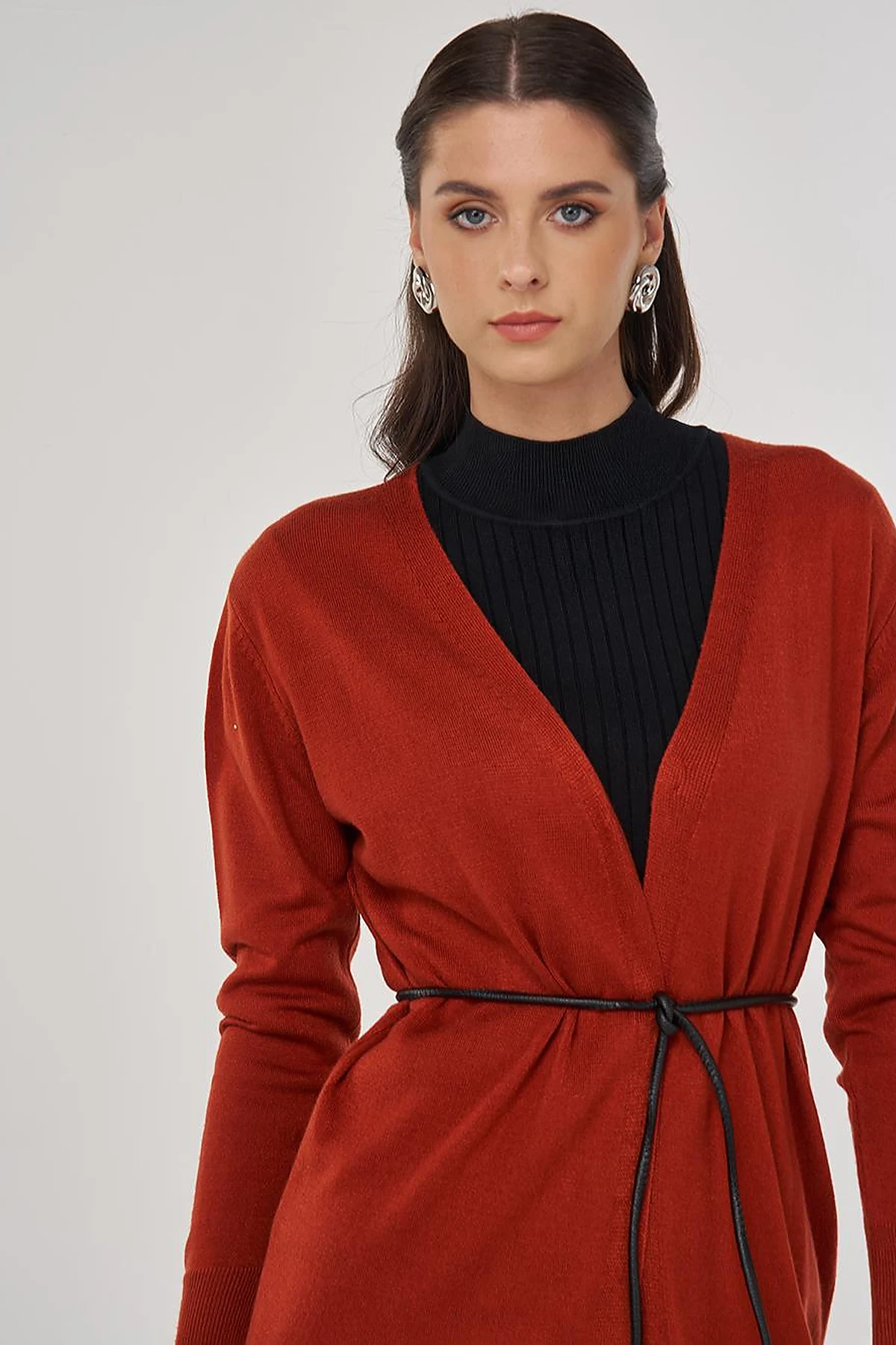Long Knit Cardigan in Brick Red