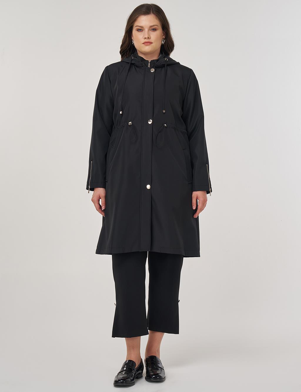 Zipper Detail Short Trench Coat in Black