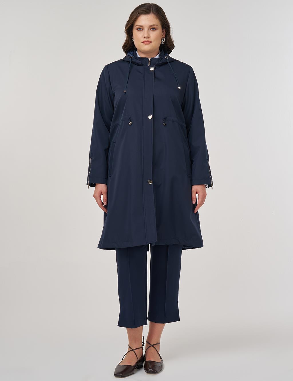 Zipper Detail Short Trench Coat in Dark Navy